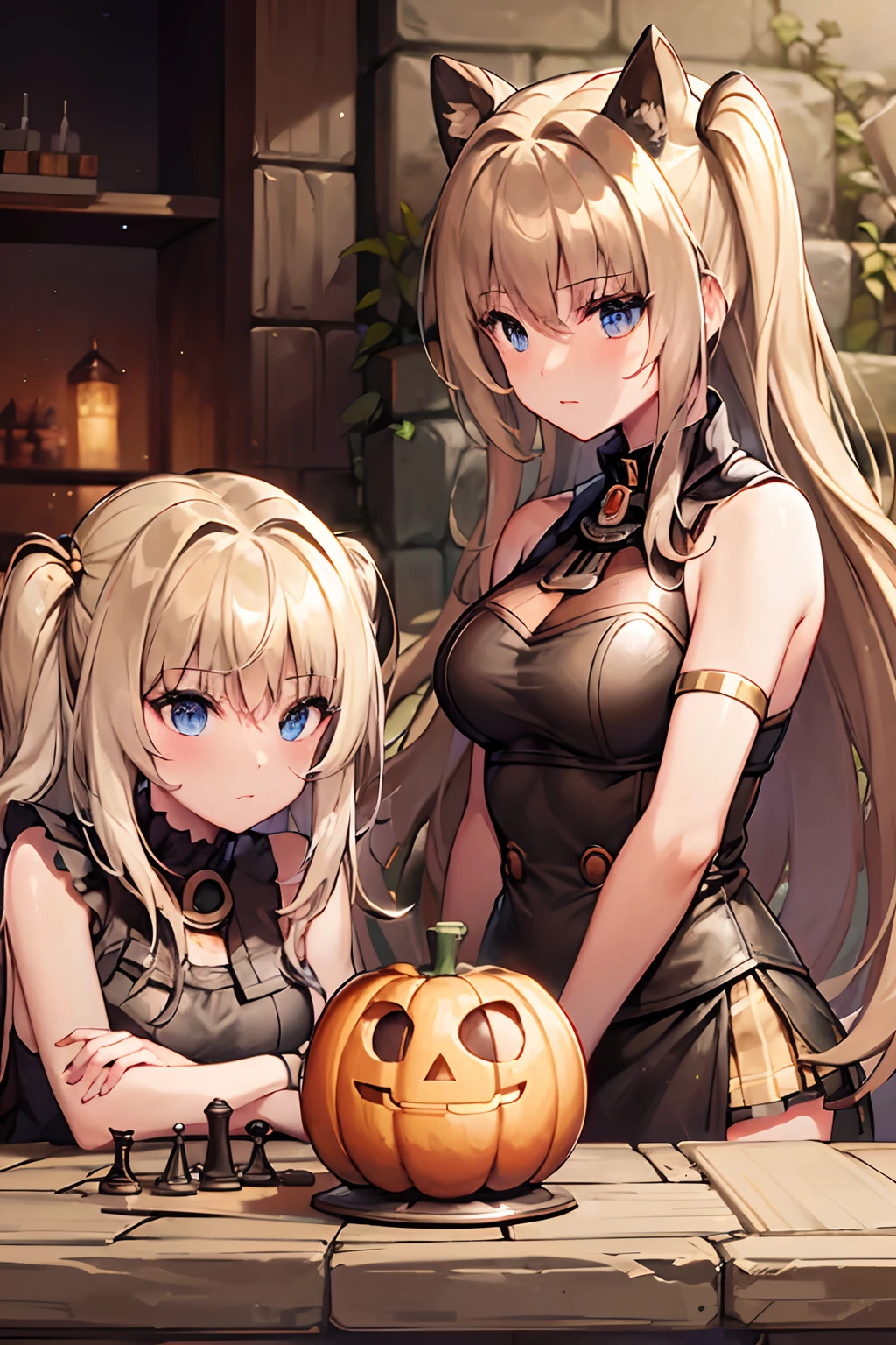 In an ancient ruined city, two girls on the street play chess, They are watched by a man who has a pumpkin instead of a head