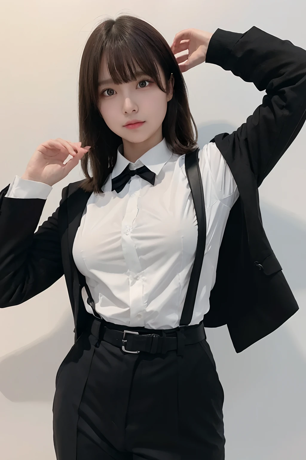 ​masterpiece、flat-colors、depth of fields、lens flare 1 girl、、Brown hair、watching at viewers　　　　a belt　black suspenders　Social OL　　　huge-breasted　　　 　 Armpit sweat　perspiring　Side of both hands　　walls: Black Suit　Black pants, Black jacket holster　arm　Leg holster　Gaze　　No tie　tiarra　No bangs　Small face