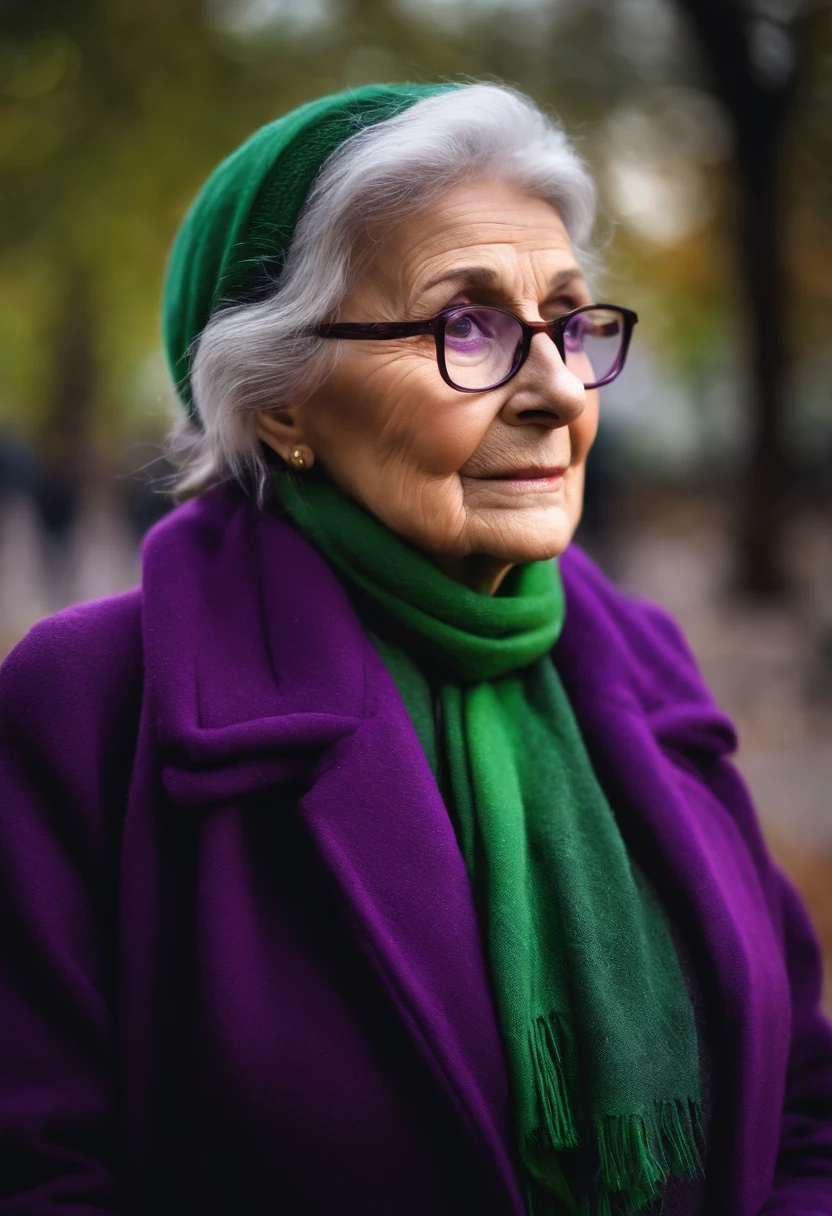 masterpiece, best quality, an old woman with glasses and a scarf on, wearing a purple coat and green scarf, standing at the park