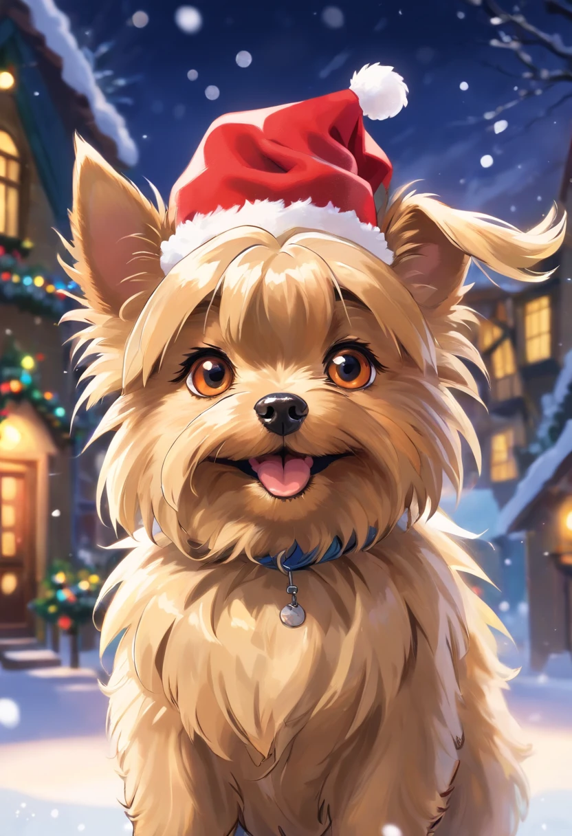 (Best quality,Realistic:1.37),Yorkshire Terrier dog in Christmas costume,Detailed fur,Happy expression,Vivid colors,Studio lighting,playful pose,Snowy background,Soft lighting,Bokeh,Portrait style,cute cute