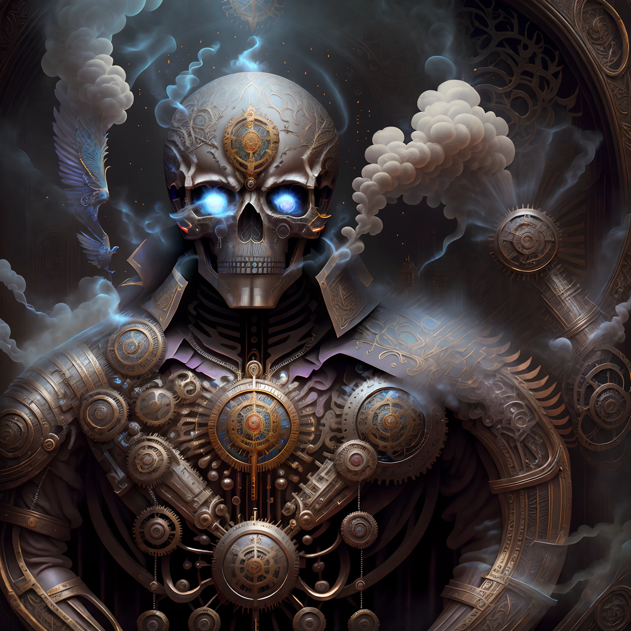 bird skull, (extremely detailed and realistic CG, masterpiece, best quality, ultra-detailed), steampunk, Sao Paulo Metropolitan Cathedral, (best illumination, best shadow, an extremely delicate and beautiful), dynamic angle, cinematic atmosphere, ornate metalwork, gears, clockwork, smoke, steam, period costume, vibrant colors.