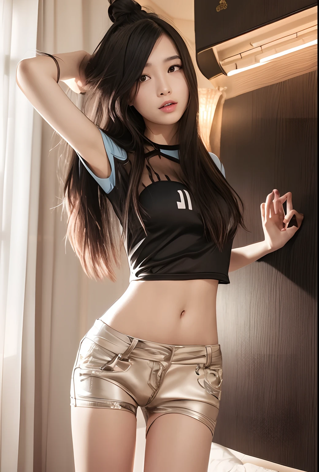 Alafi Asian woman with long black hair posing in room, photo of slim girl, 2 4 year old female model, photo of slim girl model, Thin waist, Attractive pose, 18 years old, big breasts thin waist, 19-year-old girl, 2 2 years old, full-body xianxia, gorgeous chinese models, 21 years old