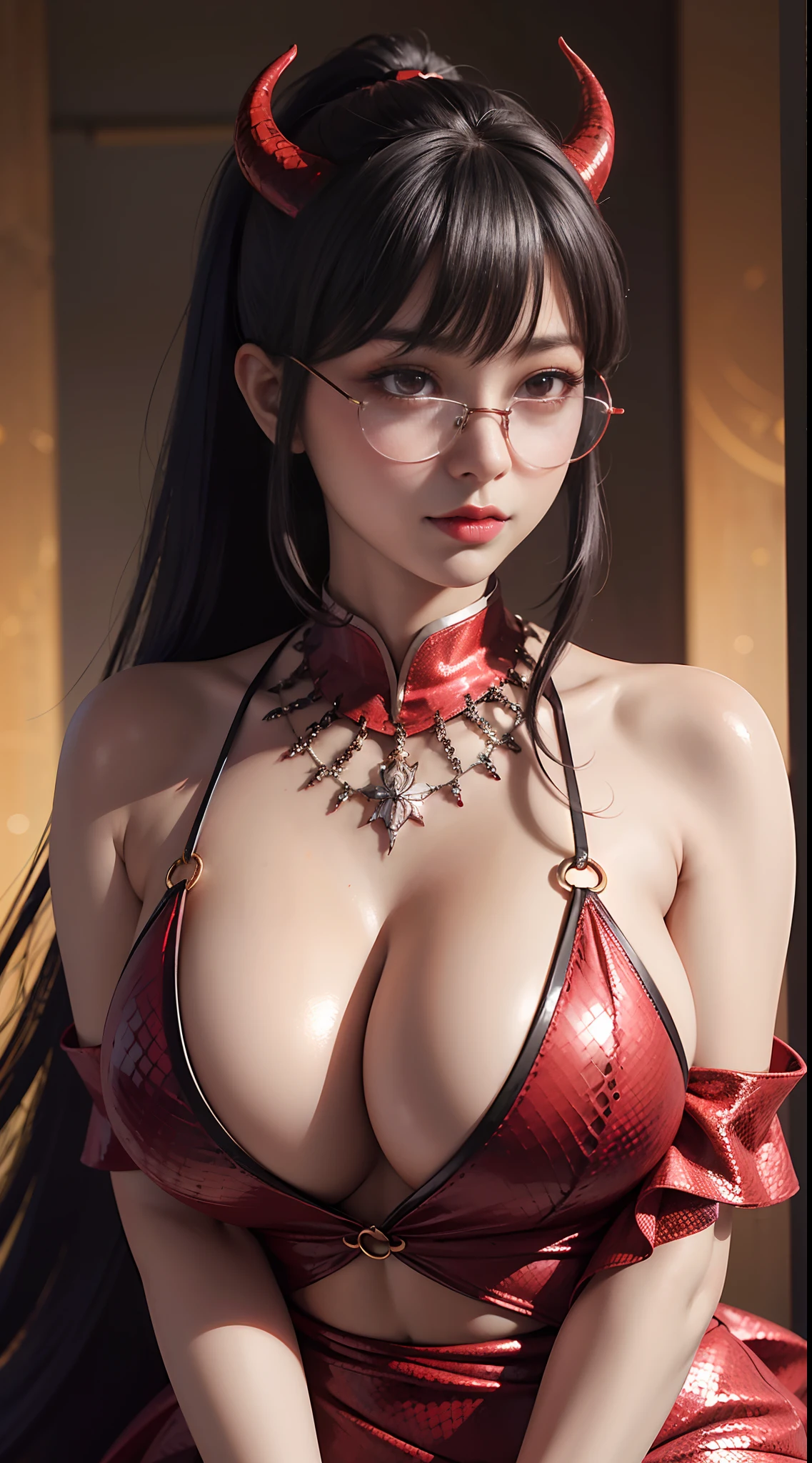 Fine、(The best illustrations)、8k UHD resolution、intricate-detail、top-quality、realisitic、ultra-detailliert、The best lighting、Best Shadows、Soft lighting、Ulutra HD、Ultra-realistic、Tindall Effect、Photorealsitic、(High Detail Skins:1.2)、 (Intricate details, makeup, pureerosface_v1:0.5), (Detailed beautiful delicate face, Detailed beautiful delicate eyes, A perfectly proportioned face, High detailed skin, Detailed skin, best ratio four finger and one thumb, arms below breasts, Tattoo with a red glow under the stomach、Awesome awesome, wide hips, smooth midriff, skiny and thin, __Fashion__, __hair__:1.25)、Digital SLR、 absurderes、1 beautiful devil woman from hell, surreal female portraits by David Hockney and Alphonse Mucha, Portrait of a seductive woman、Fantasy Art, Chinese Doll、Chinese actress、Dungeon、The dragon、Devil's Palace、Devil's Torture Chamber、natta、Dark style 、In the Dark、(Detailed spooky backgrounds:0.8), magia、 1人、Evil Nun、Dark Necromancer、Succubus、Devil's Daughter、Umi Shinonome、Bat Wings,(((Demon Horns)))、 ((((Huge glasses, Otaku Glasses, thick glasses, Round glasses)))),(((Colossal tits)))、(Devil's Tail)、(red eyes glowing:1.6)、red eyes make up very sharp and detailed, The eyes are very well made up, ((Red Eye:1.0)),intricate tattoos, demonic intricate tattoos, thigh tattoos, body tattoos, masterpiece、The most beautiful face、a baby face、Charming smile、plump beautiful red lips、Muscular seductive body、The enchanting body of the devil、devil style、Seductive Black Magic Costume、(((A shiny red snake is wrapped around her body)))、The long-haired、Braids、Black hair、Ponytail distortion、, Ponytail with a bow tied at the back of the hair, Beautiful expression、Body Up、Large breasts emphasis、Bust, Super tight breasts, Breast augmentation surgery, The breasts are very big and round and round,Toned waist、Wide buttocks、 lowkey, cowboy lens, (red phoenix dress: 1.0), devil crown, Red sparkling gemstone necklace、Jewelry Gwise, wearing black mesh socks,wearing a thin red and