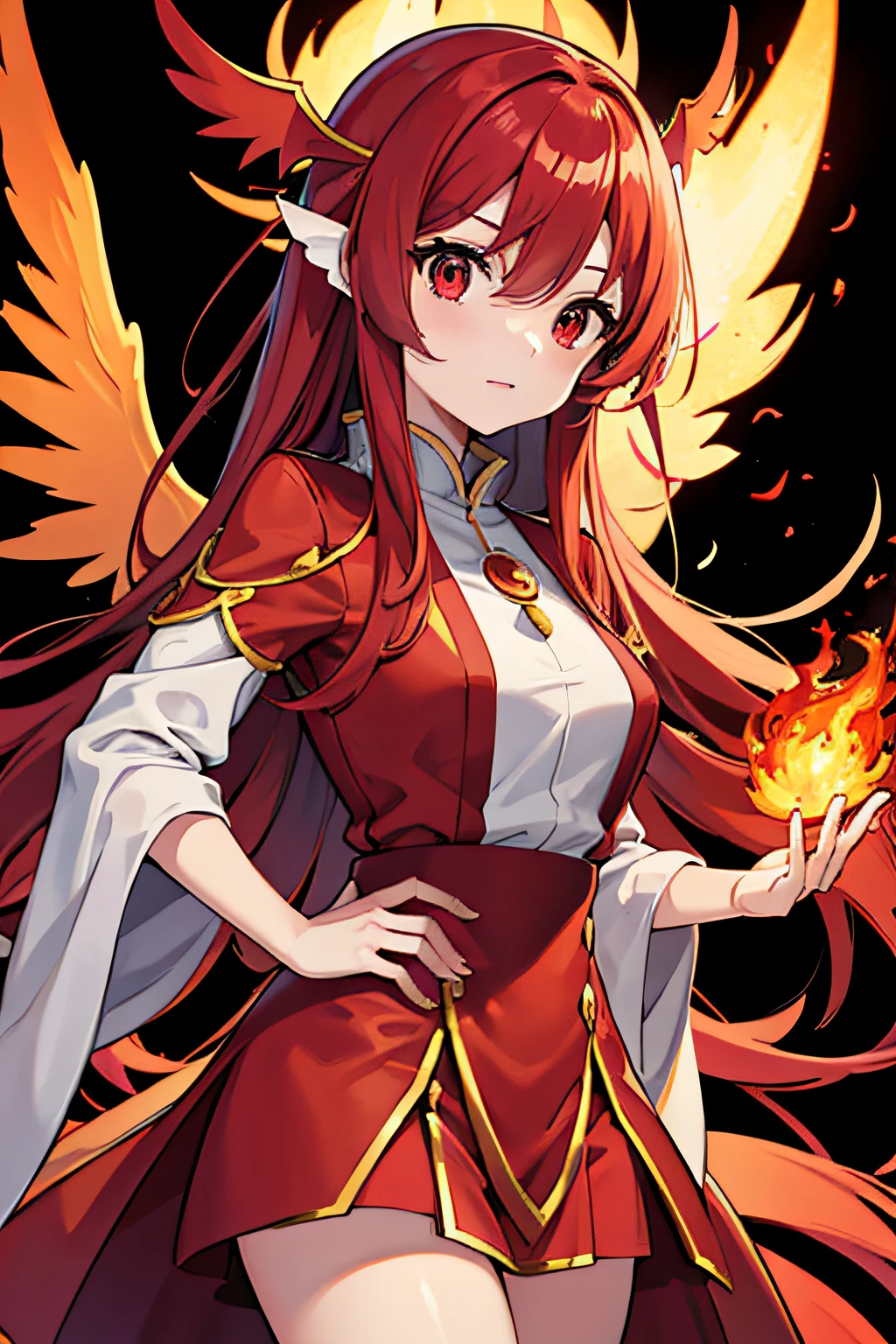 Fire Cosplay、A pokémon、Beautiful adult woman、hight resolution、top-quality、Delicate hair、Red hair、Red clothes、Red Eyes、Longhaire、loimu、Big wings of flame、