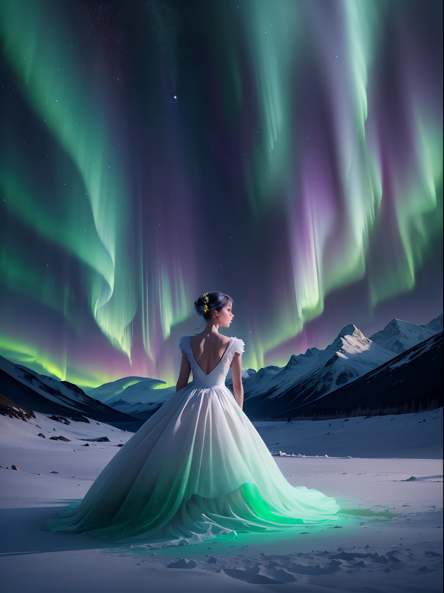 (Back of a ballet girl dancing under the Northern Lights),Wear a long white ballet dress with many layers of yarn,(Girl back),(The Northern Lights merge on the girl's body),Smart,dream magical,
Green and purple Northern Lights meteor showers drill in the mountains, dramatic aurora borealis, northern lights background, Northern Lights on the background, aurora borealis, northern lights background, Magnificent background, with aurora borealis in the sky, The Northern Lights in space in surreal and dreamlike landscape style, Light black and emerald, 8K resolution, minimalistbackground, Monochrome contemplation from an upward perspective,ultraclear