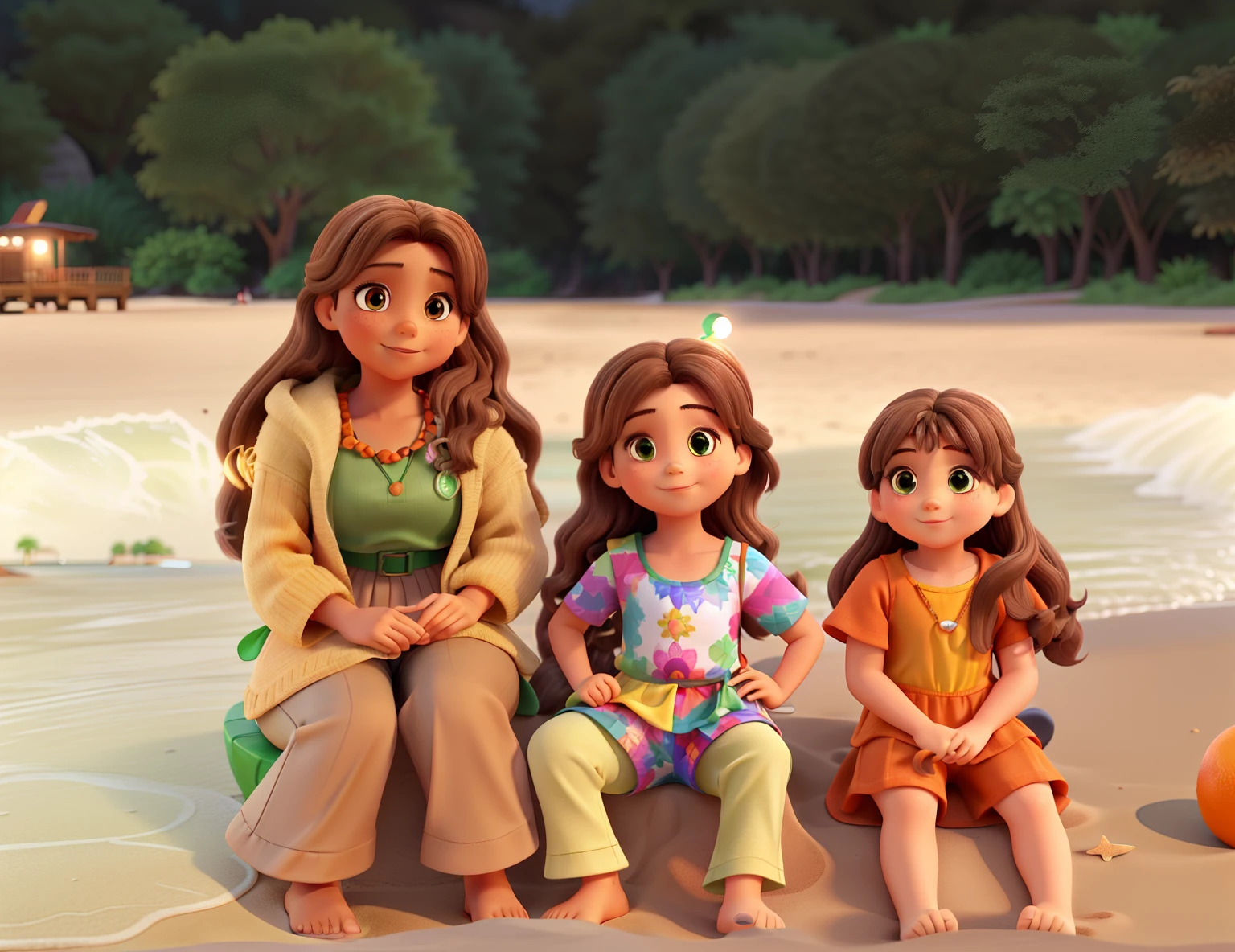 A wise woman with light brown hair dressed in green with brown eyes, A child girl with light brown hair dressed in a colorful swimsuit, A child girl with light brown hair wearing an orange swimsuit, Sitting on the sand of the beach in front of there are some trees, com a luz do sol, sorridentes