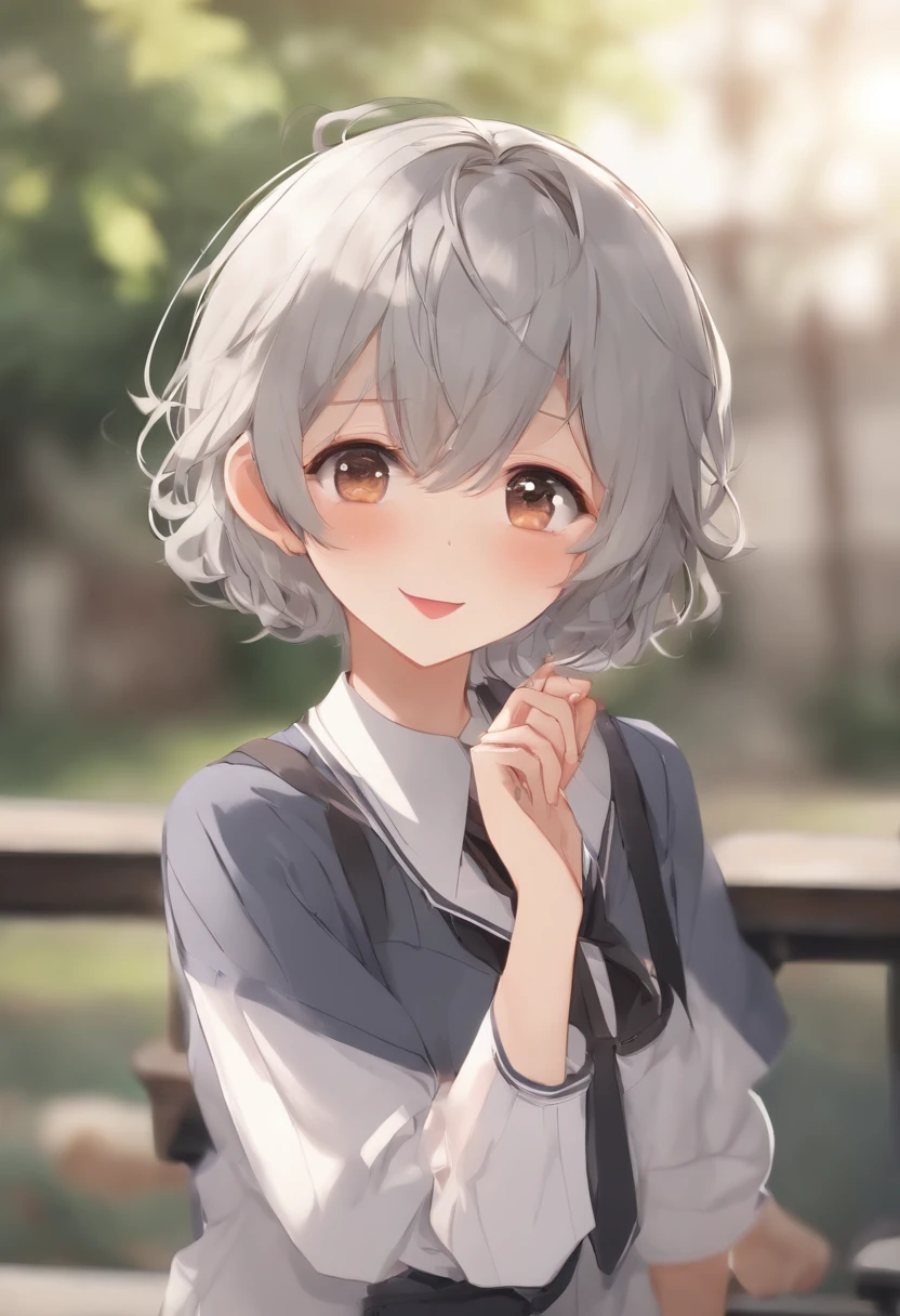 ((Cute) | (Moe)| (Sweet) | (fresh)),((zhengtai)|( Small fresh meat)),((1 boy)|( Single dog))/(Japanese school uniform)| ((Refreshing)| (Neat)),((imperfections)|( freckle)),((4K)|( Ultra HD)),((Silver)|( Short silver hair) | (Short gray hair), Brown eyes, (Messy|Laughing) Hairstyles.
