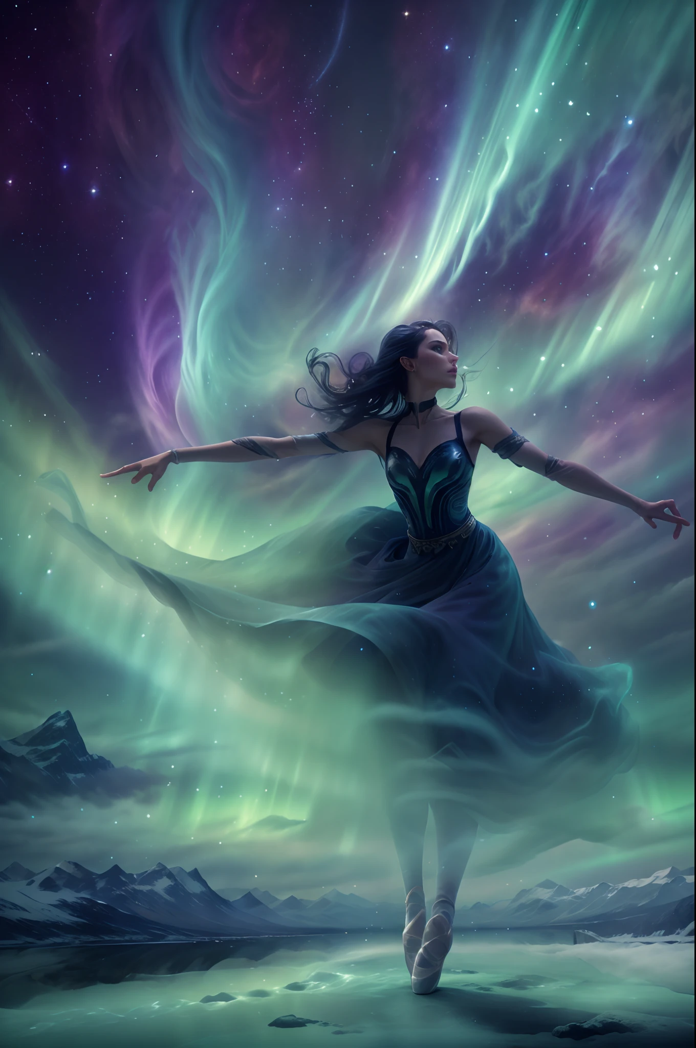 （The back of an actress dancing a ballet on Iceland in the Northern Lights),made of smoke, Green and purple Northern Lights meteor showers drill in the mountains, dramatic aurora borealis, northern lights background,  northern lights background, Magnificent background, with aurora borealis in the sky, The Northern Lights in space in surreal and dreamlike landscape style, Light black and emerald, 8K resolution, minimalistbackground, Monochrome contemplation from an upward perspective，Ultra-clear
Mystical ballet moves with soft and dynamic movements, Smoke effects and mystery. The background must be filled with swirls and dynamic colored smoke，Wear yours with a ballerina smoky swirl dress.The concept of a flappy purple smoky dress with a fast-spinning motion was the inspiration, Key Elements::Convey the mysterious, smooggy，Colorful atmosphere.Emphasis on dynamics, Rotational motion in composition.Focus only on visual images; Exclude any text.Other guidelines:The artwork should evoke a sense of intrigue and wonder.Capture the essence of ballet with fast pace and fluid movement.