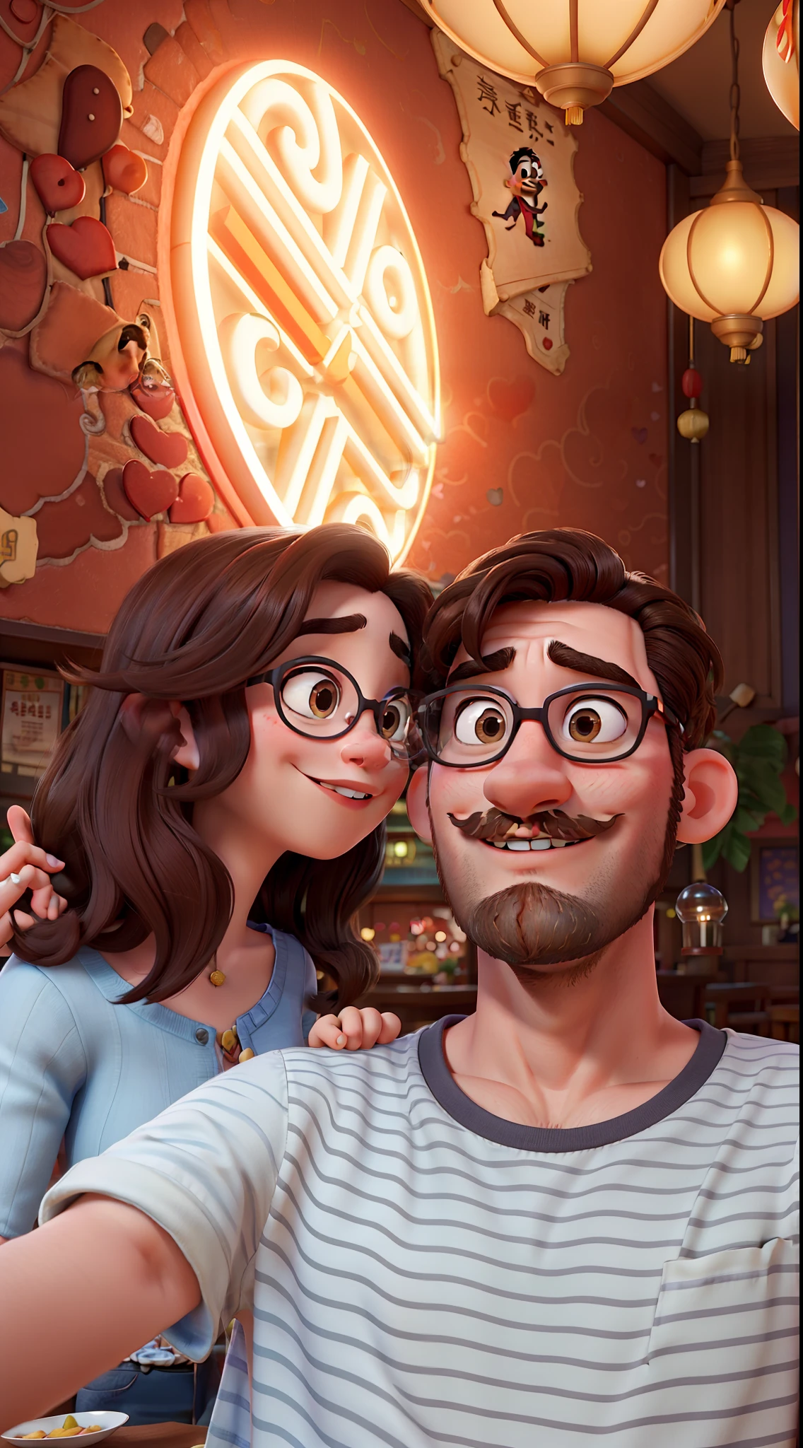 pixar movie poster of a couple of young valentines taking a picture in the chinese restaurant. The girl has light broen hair and brown eyes, the boy has a mustache, beard and glasses