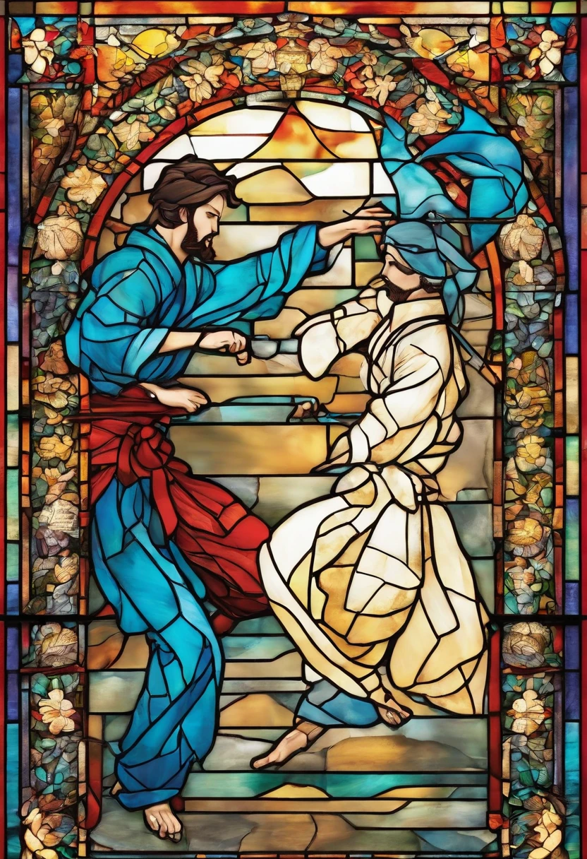 Two male karatekas are fighting in front of a chapel