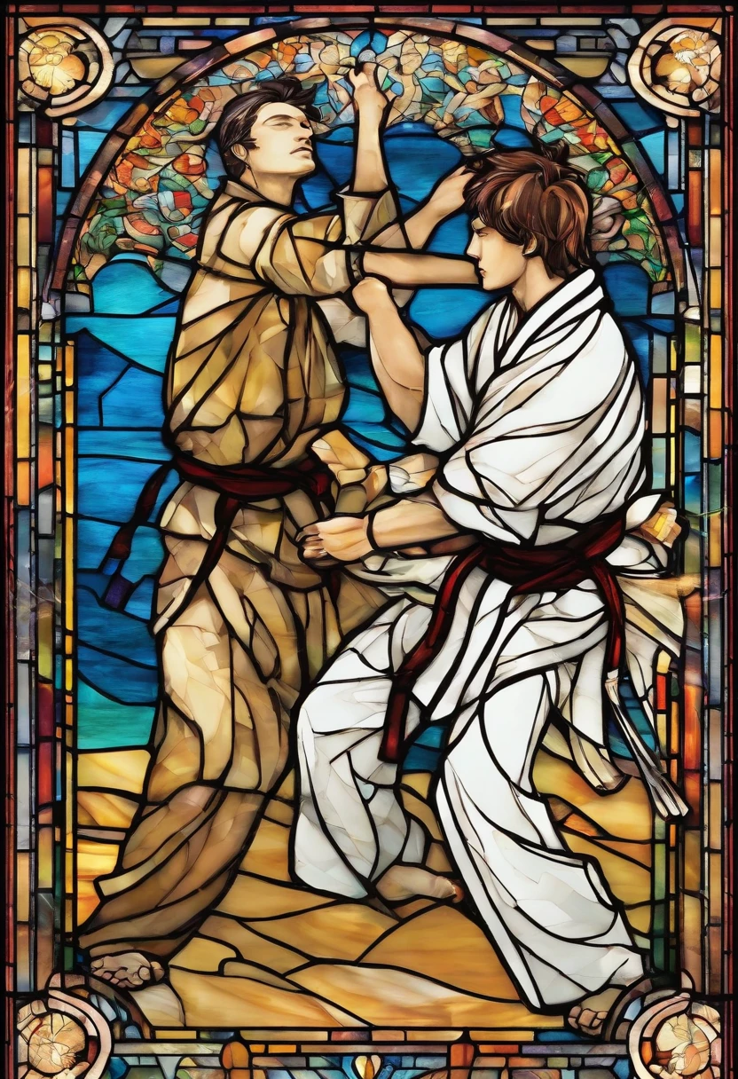 Two male karatekas are fighting in front of a chapel