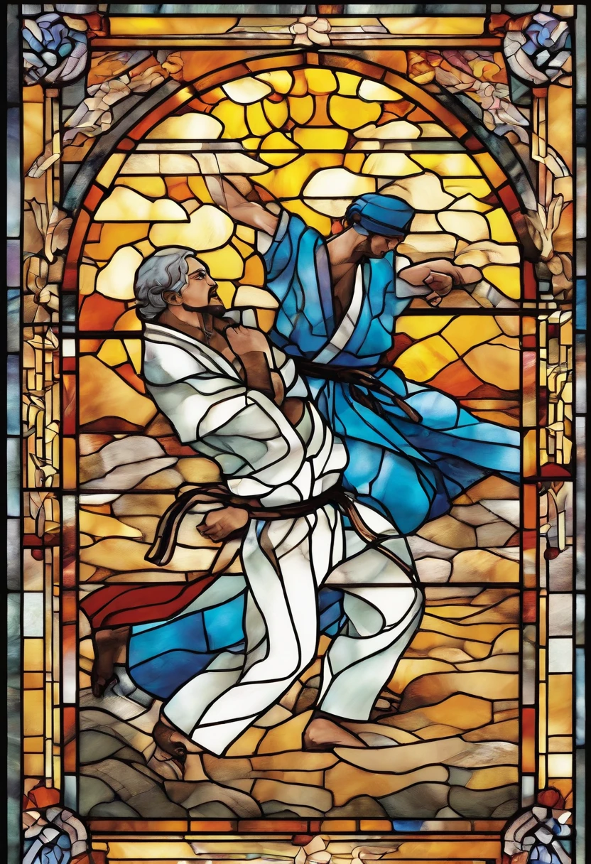 Two male karatekas are fighting in front of a chapel