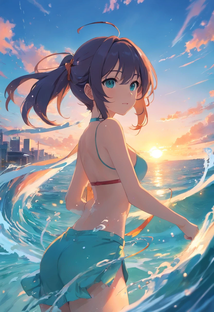 （tmasterpiece、top-quality、8k wallpaper、A high resolution、realisticlying），Big breasts Hatsune Miku，Beautiful breast leakage，flooded with water，Get wet，shirtless，the setting sun，the ocean