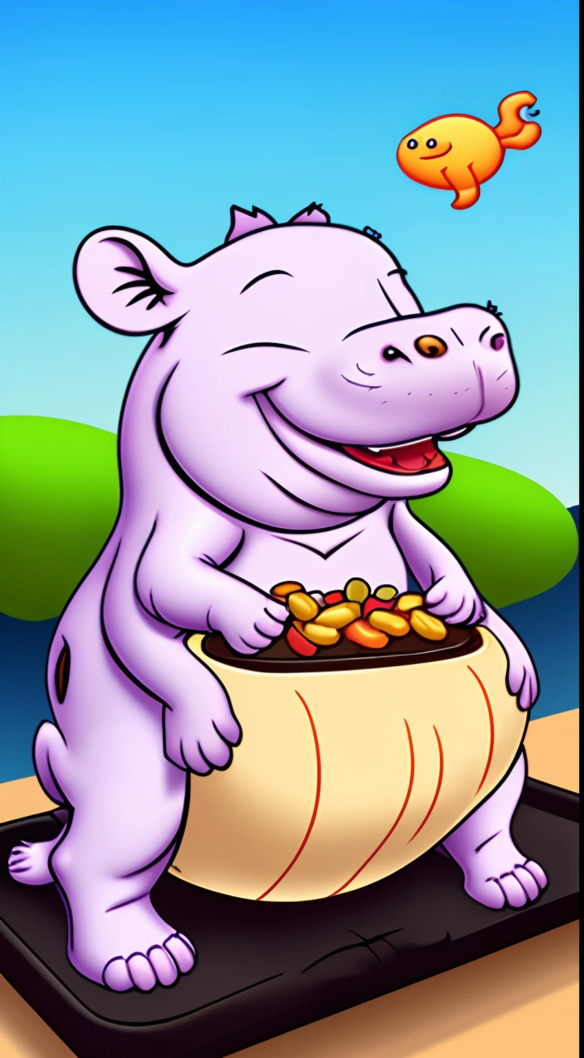 Hippos eat barbecue,Cartoon Cute,stickfigure