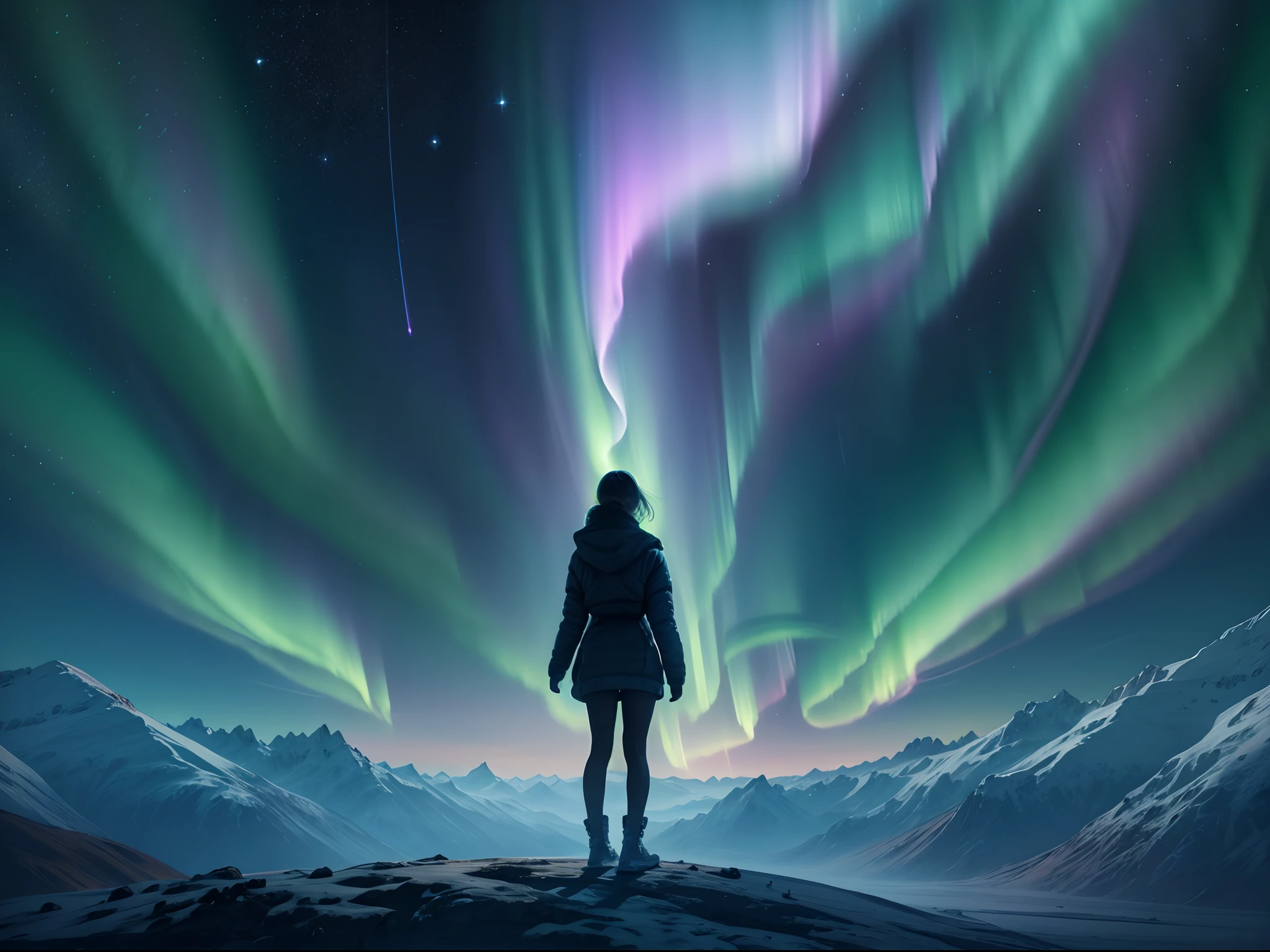 (Back of a dancing girl under the Northern Lights),
Green and purple Northern Lights meteor showers drill in the mountains, dramatic aurora borealis, northern lights background, Northern Lights on the background, aurora borealis, northern lights background, Magnificent background, with aurora borealis in the sky, The Northern Lights in space in surreal and dreamlike landscape style, Light black and emerald, 8K resolution, minimalistbackground, Monochrome contemplation with an upward perspective,ultraclear