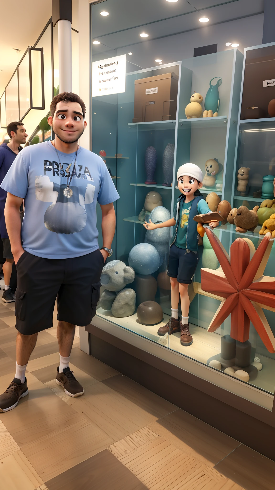 Obra-prima, de melhor qualidade, um jovem rapaz ao lado de uma vitrine de loja, feliz por estar passeando pelo shopping