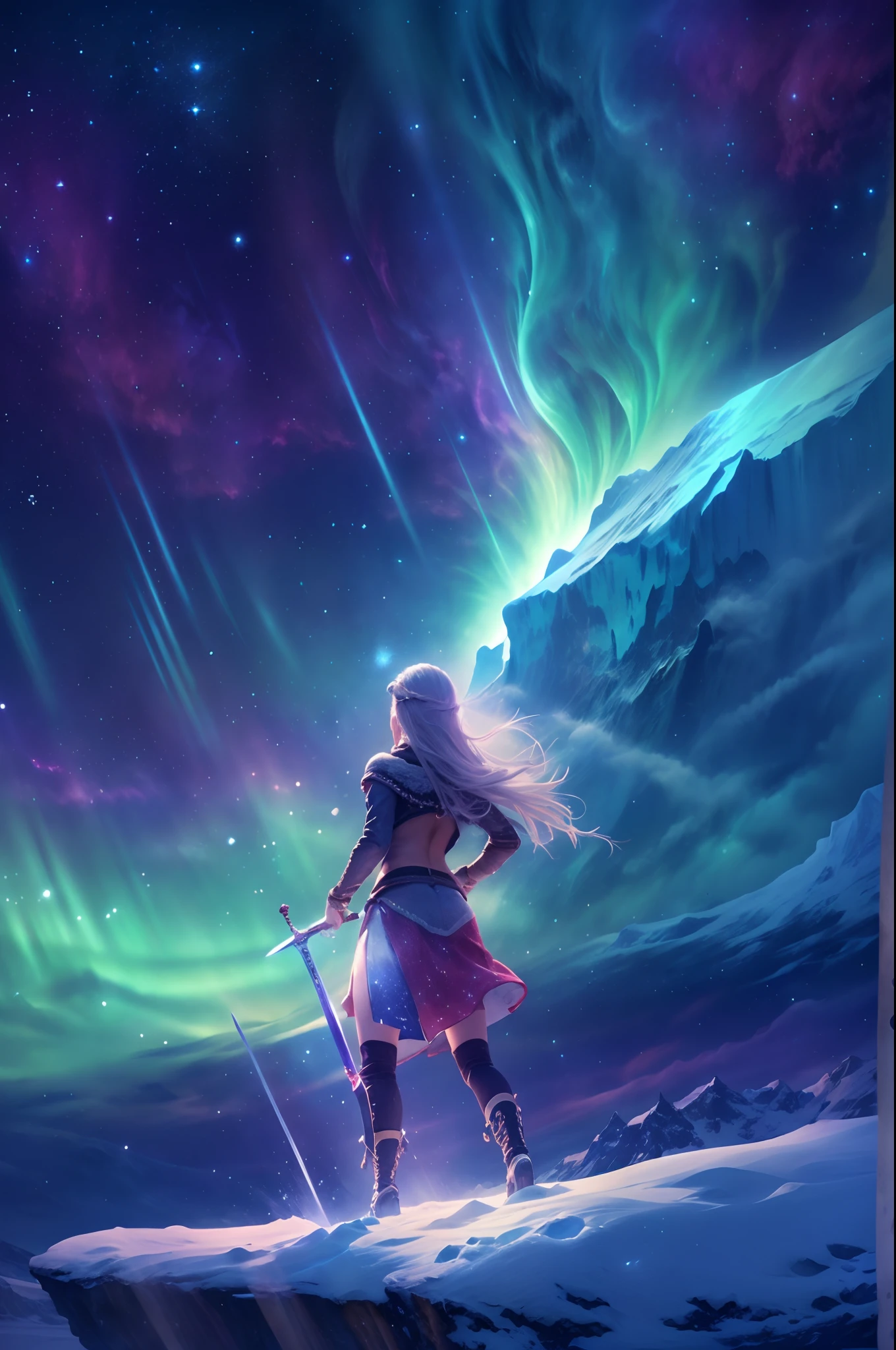 (The back of a girl dancing a sword under an iceberg in a Northern Lights meteor shower),aurora,Starry sky,Snow,High hills,glistening stars,From below,Realistic,the wallpaper,Best quality,Masterpiece,A high resolution,An extremely delicate and beautiful,Back focus,