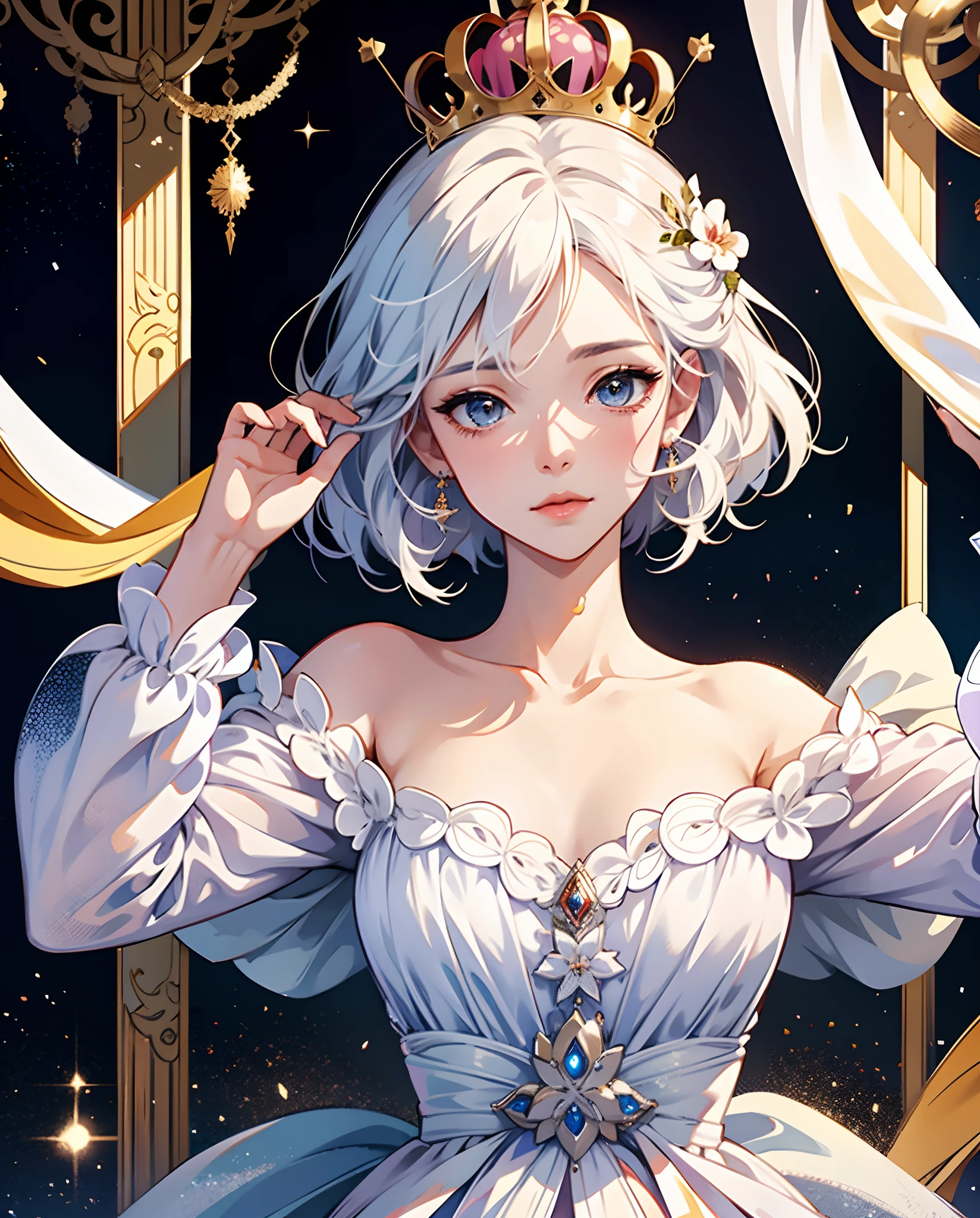 There is a woman in a white dress with a crown on her head, a beautiful fantasy queen, ((beautiful fantasy queen)), a close up potrait ortrait of a princess, a work of art in the Guvez style. 5D CGI anime fantasy artwork, 8K high quality detail art
