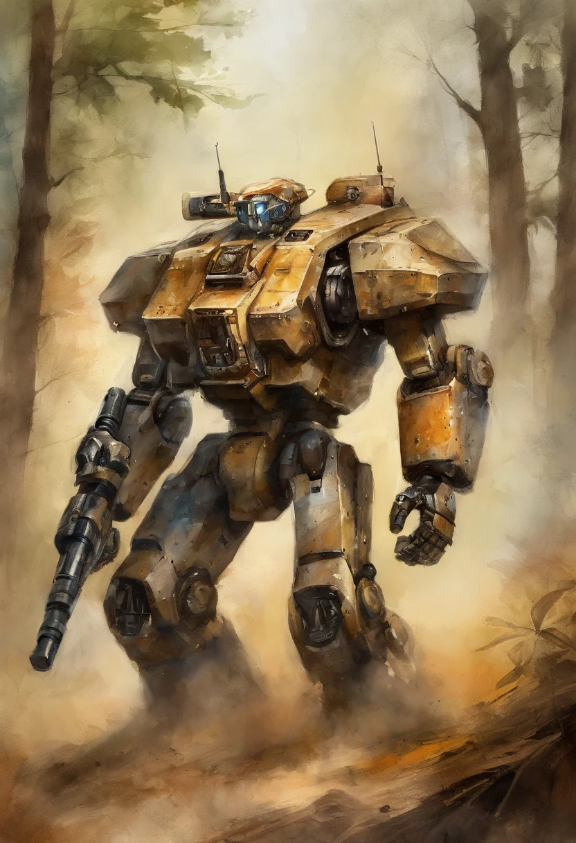 piloto de mecha, macho, pele bronzeada, Cansado, rule of thirds, fundo de alta qualidade, Ultra-detailed scenario, Ultra sharp focus, foto profissional perfeita, Fadigas, floresta, uniforme marrom