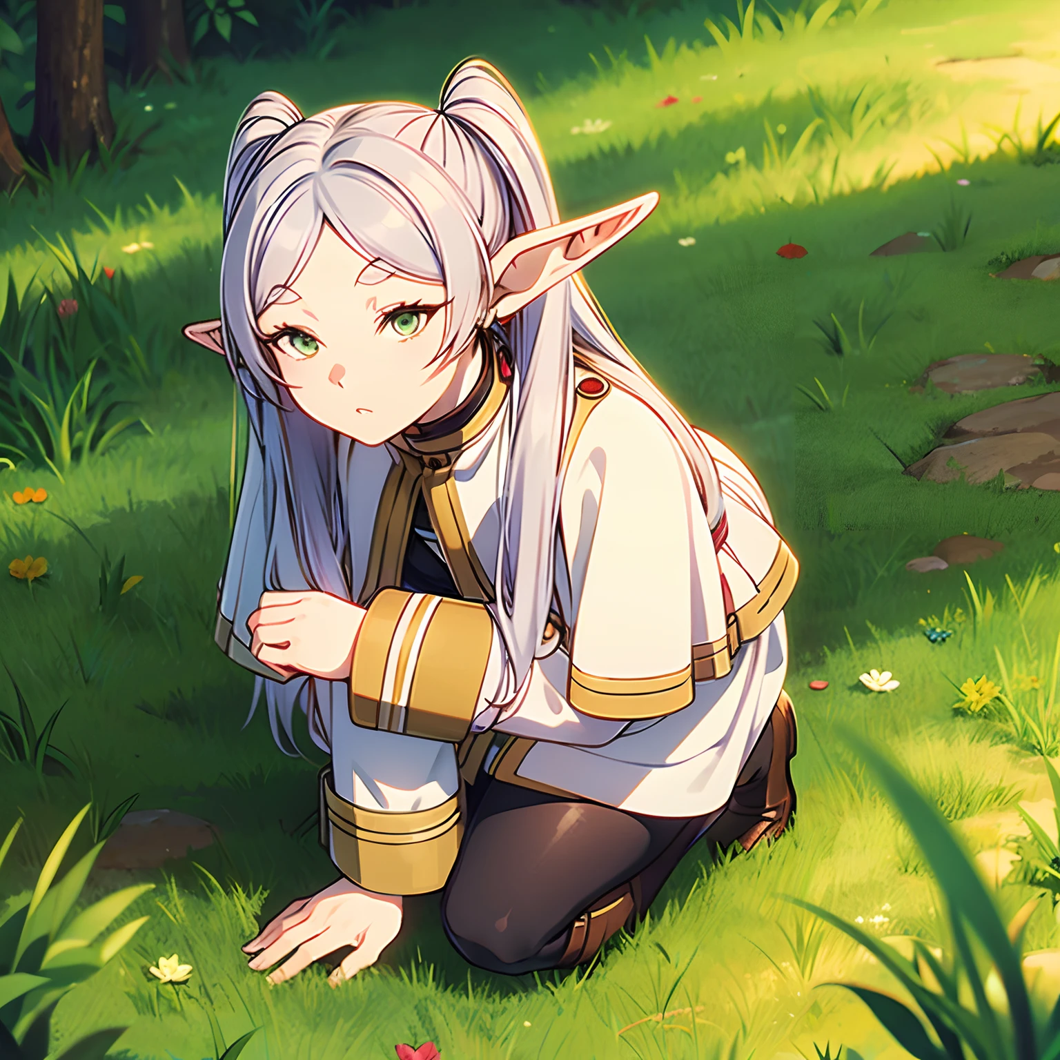 a woman in a dress kneeling on the ground, long hair, blush, bangs, long sleeves, twintails, green eyes, ass, flower, white hair, pantyhose, earrings, boots, outdoors, parted lips, day, pointy ears, belt, white dress, tree, black pantyhose, capelet, brown footwear, knee boots, grass, elf, nature, forest, white capelet