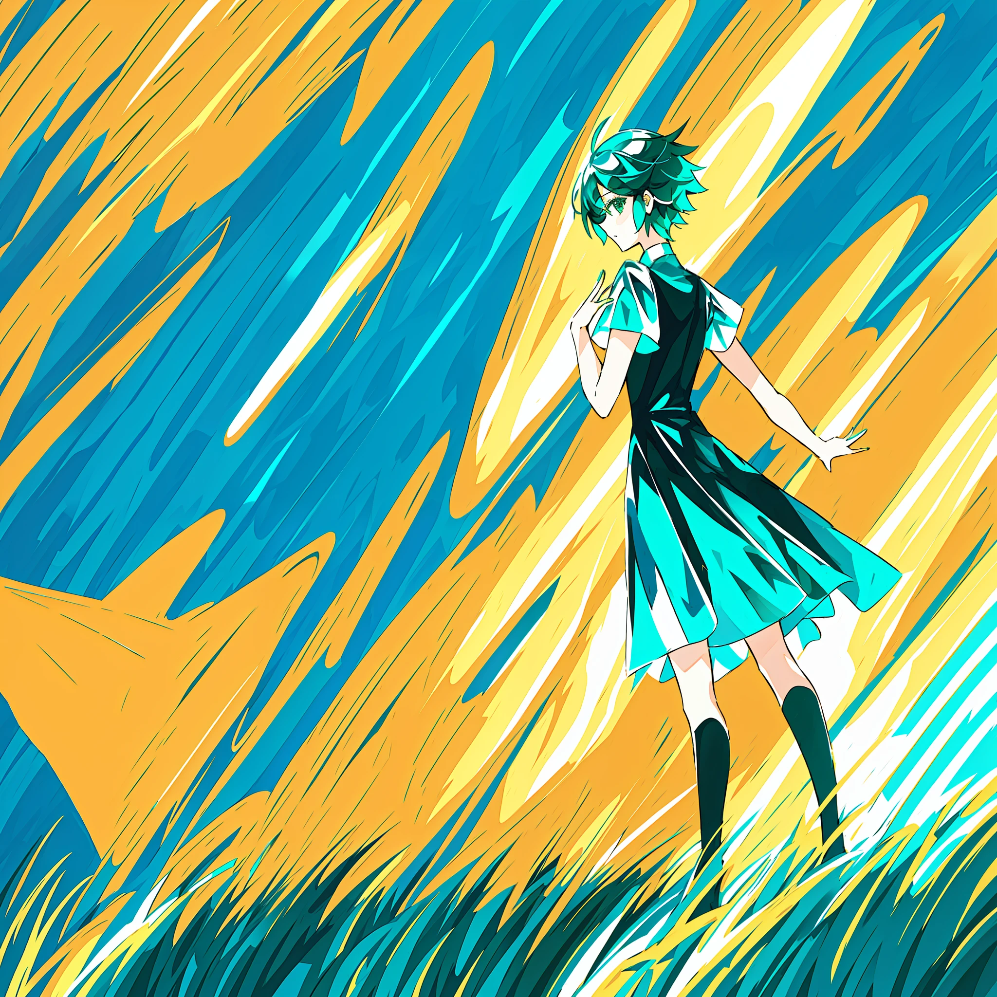 phosphophyllite, phos, 1girl, short_hair, green_hair, black_background, (shiny_hair:1.4), standing on the grass with hands behind her head, clear sky