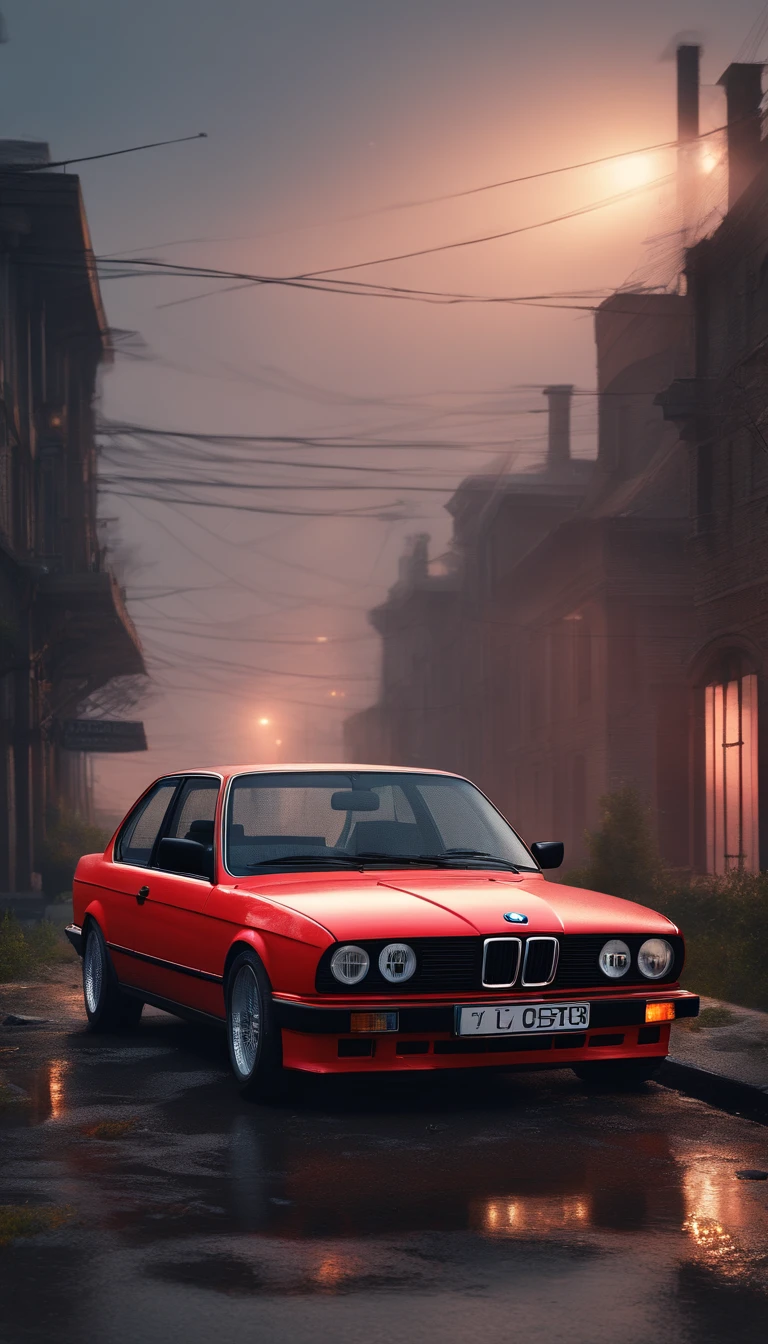 analog gloomy photo of a (red BMW E30 car), ((speeding in an abandoned city at midnight)), (decayed and dilapidated city monoblocks in the background), (getting shot), (gunfire), ((snowing)), (horror movie), ((nighttime)), (midnight), ruins, dilapidated buildings, High Detail, Sharp focus, (photorealism), realistic, best quality, 8k, award winning, dramatic lighting, epic, cinematic, masterpiece, backlit, contrejour, rim light, ambient fog:1.4, dutch angle, depth of field, motion blur, volumetric lights,