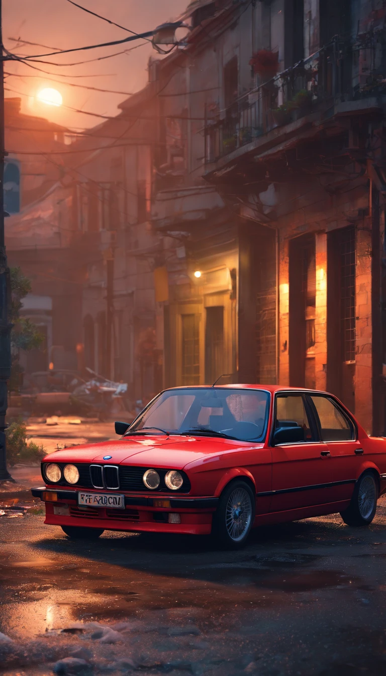 analog gloomy photo of a (red BMW E30 car), ((speeding in an abandoned city at midnight)), (decayed and dilapidated city monoblocks in the background), (getting shot), (gunfire), ((snowing)), (horror movie), ((nighttime)), (midnight), ruins, dilapidated buildings, High Detail, Sharp focus, (photorealism), realistic, best quality, 8k, award winning, dramatic lighting, epic, cinematic, masterpiece, backlit, contrejour, rim light, ambient fog:1.4, dutch angle, depth of field, motion blur, volumetric lights,