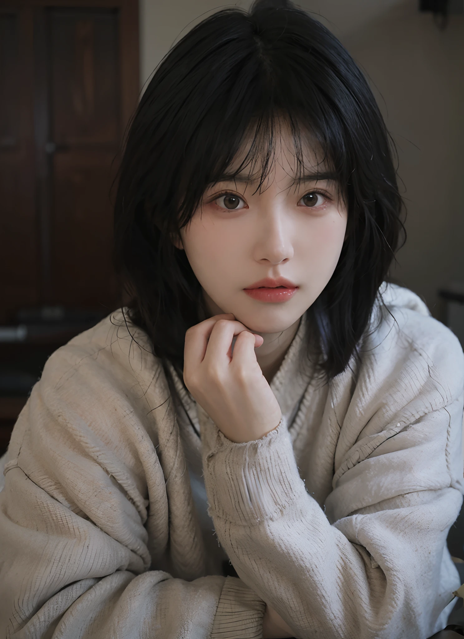 best qualtiy, 超高分辨率, (realisticlying:1.4), A woman with long black hair and a gray sweater, Soft portrait shot 8 K, pale round face, with round face, She has black hair,By bangs, young lovely Korean faces, wan adorable korean face, ulzzangs, Shin Jinying, beautiful aesthetic face, Korean face features, soft round face, iu lee ji-eun as a super villain, Beautiful realistic face
