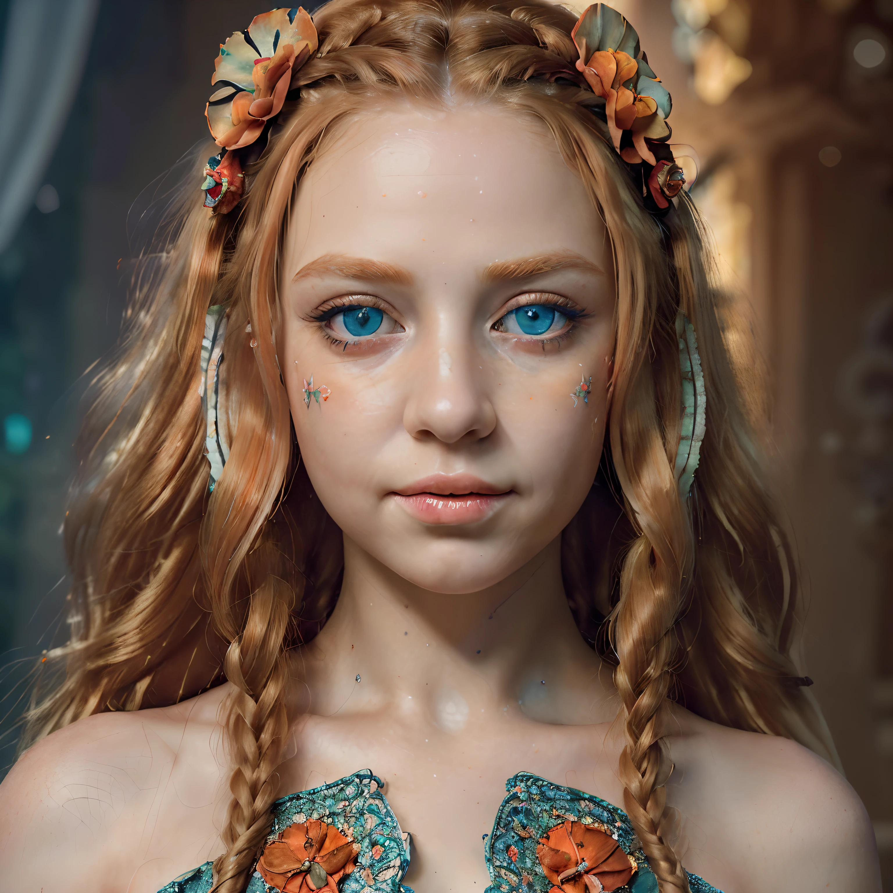 ((Best quality, 8k, Masterpiece :1.3)), 1girl, Pretty woman :1.3, Ultra-detailed face, Detailed eyes, Double eyelid, Princess, ((fantasy)), ((beautiful orange and red royal dress)), ((intricate flower design)), many details, transparent part, ((long wavy blonde hair)), braided hair, green and blue mystical eyes, full body image