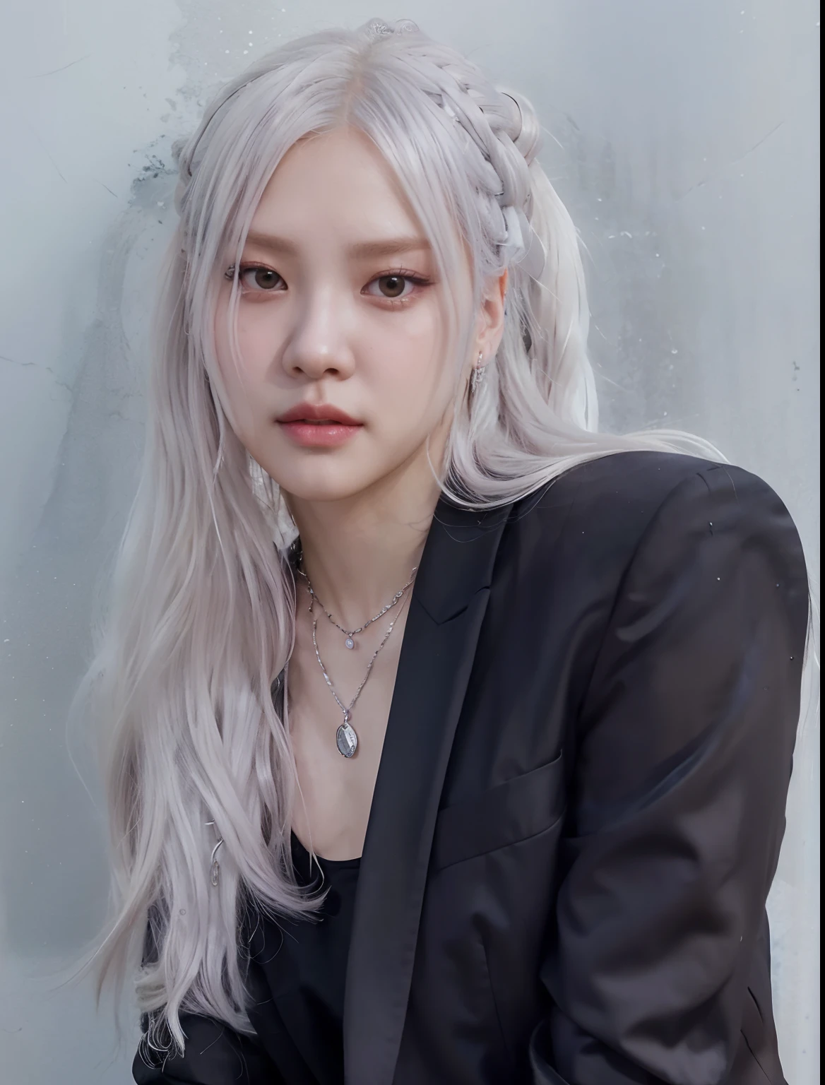 a close up of a person with a necklace and a suit, girl silver hair, silver hair girl, inspired by Yanjun Cheng, portrait of jossi of blackpink, inspired by Kim Deuk-sin, with long white hair, inspired by jeonseok lee, inspired by Sim Sa-jeong, with white long hair, girl with white hair, silver hair (ponytail)