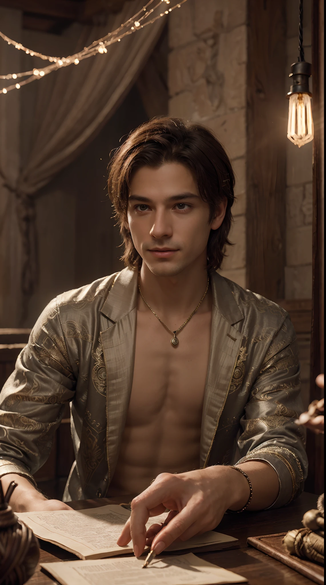 Create a 4K ultra-realistic image that captures the mischievous nature of the young Hermes, the god of communication and cunning, as he playfully weaves a web of intricate messages using ethereal threads of light, surrounded by ancient scrolls, quill pens, and a playful glint in his eyes.
