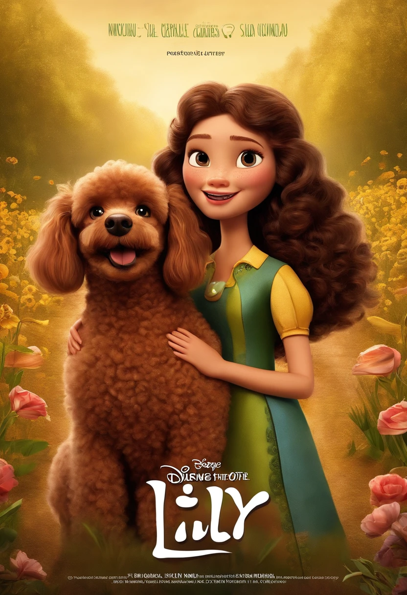 Create a poster inspired by Disney Pixar movies, apresentando um casal acompanhado por uma menina de altura mediana com cabelos castanhos escuros, Full lips and dark eyes and silly face together with brown poodle puppy girl, cachorrinho de pele bem cuidada com dentes caninos afiados e pontiagudos brincando. The poster is titled 'Lily' Digital art should be in the Pixar style, reminiscent of an animated feature.