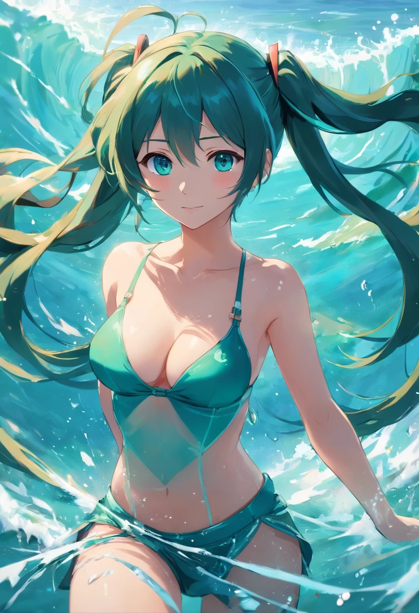 blacksilk，Big breasts Hatsune Miku，Raised sexy，flooded with water，the ocean，Get wet，shirtless，miku