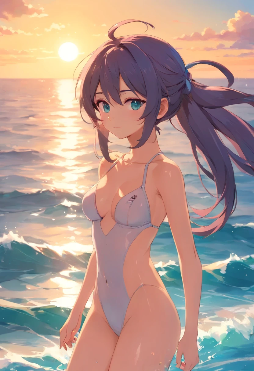 (tmasterpiece、top-quality、8k wallpaper、A high resolution、realisticlying),Big breasts Hatsune Miku,Get wet,Shirtless,the setting sun,the ocean,dual horsetail
