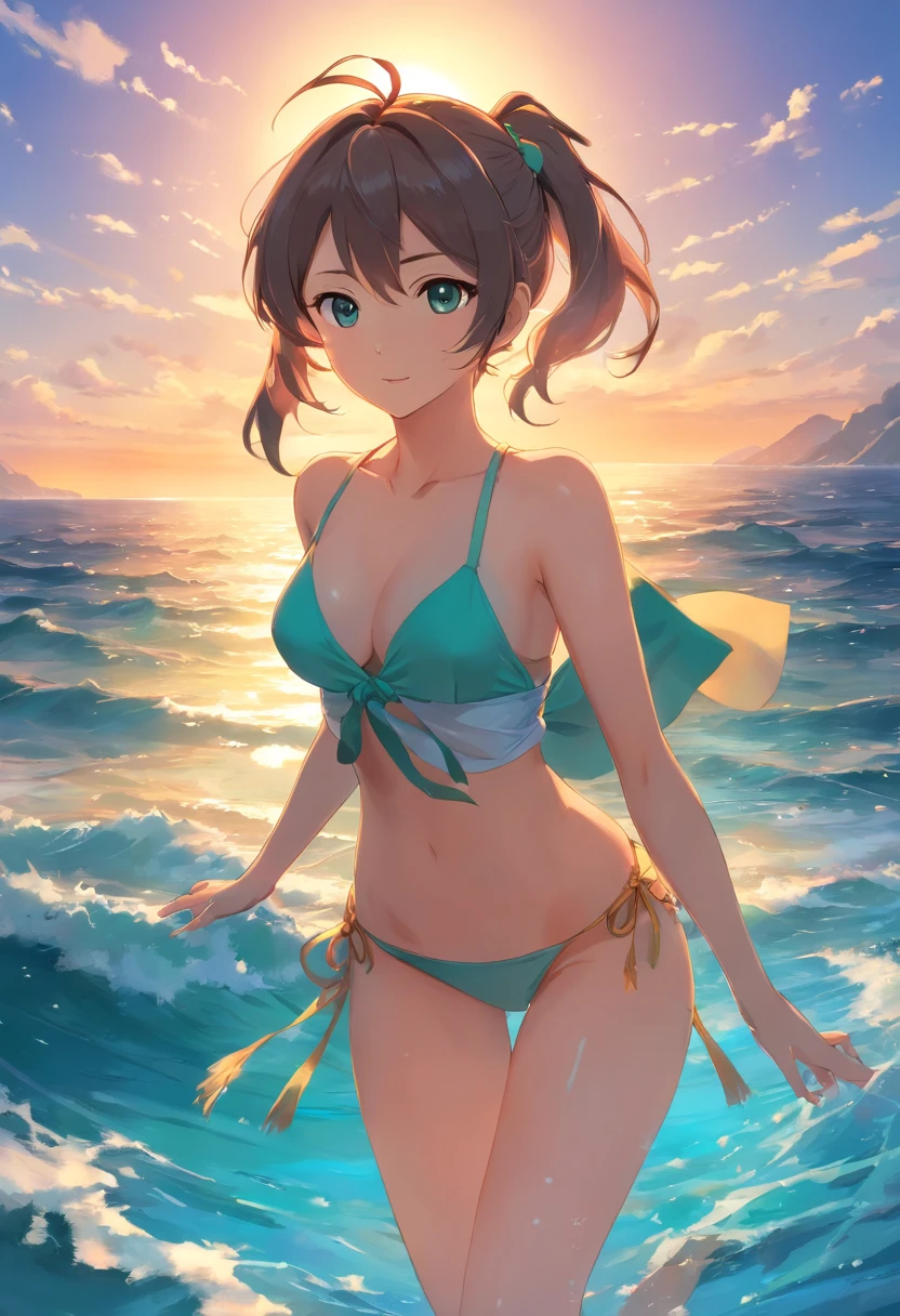 （tmasterpiece、top-quality、8k wallpaper、A high resolution、realisticlying），Big breasts Hatsune Miku，Get wet，Shirtless，the setting sun，the ocean，dual horsetail