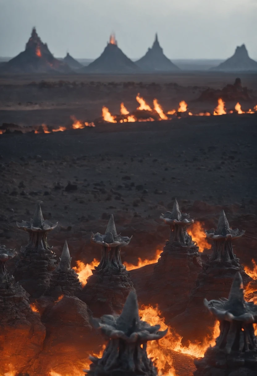 The endless grey desert of hell, spiked hoodos, a group of small horned imps travelling over the horizon. A massive, walled city in the background, blue lava and fire.