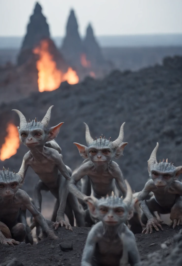 The endless grey desert of hell, spiked hoodos, a group of small horned imps travelling over the horizon. A massive, walled city in the background, blue lava and fire.