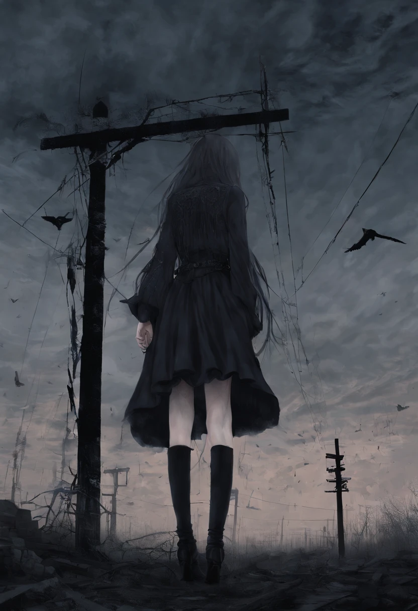 wakura lain,1 girl,open tuck, beautifuly color Clothes, dusk sky, Telegraph Pole, in ruins,