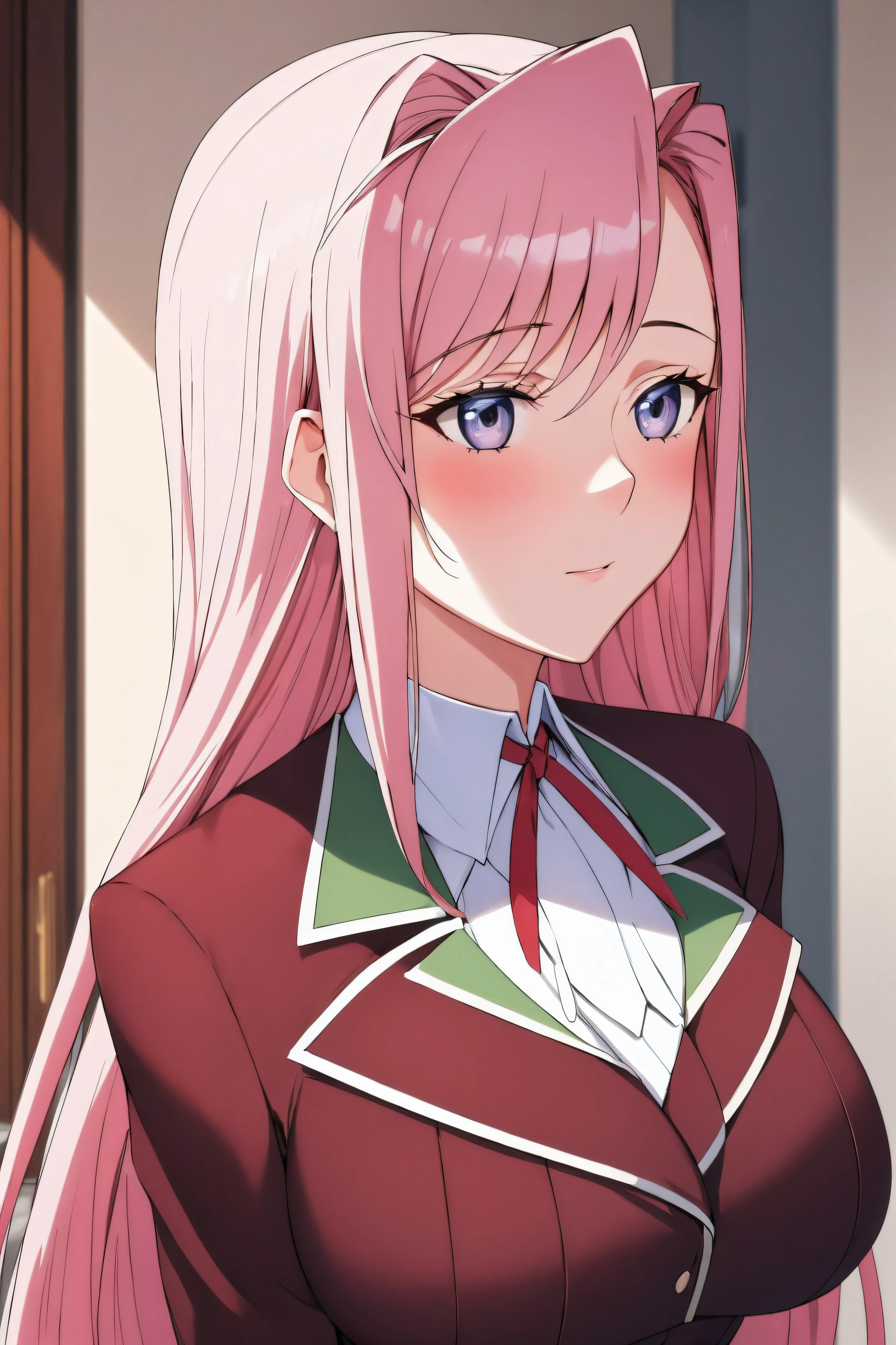 masterpiece, (best quality), 1woman,1girl ,charlotte_hazelrink,    pink hair,  long hair, very long hair,   blue eyes,purple eyes, brown_jacket,White collared shirt, Green_pleated_skirt,school uniform,  red ribbon ,   large breasts,,sexy woman, embarrassed,blush, vibrant colors ,,natural lighting  ,RTX,  , beautiful, (detailed face:1.2), showcase, (perfect eyes:1.1) ,(photorealistic:1.1), 8k uhd,  looking at viewer, bedroom, indoors,(perfect hands, perfect anatomy),