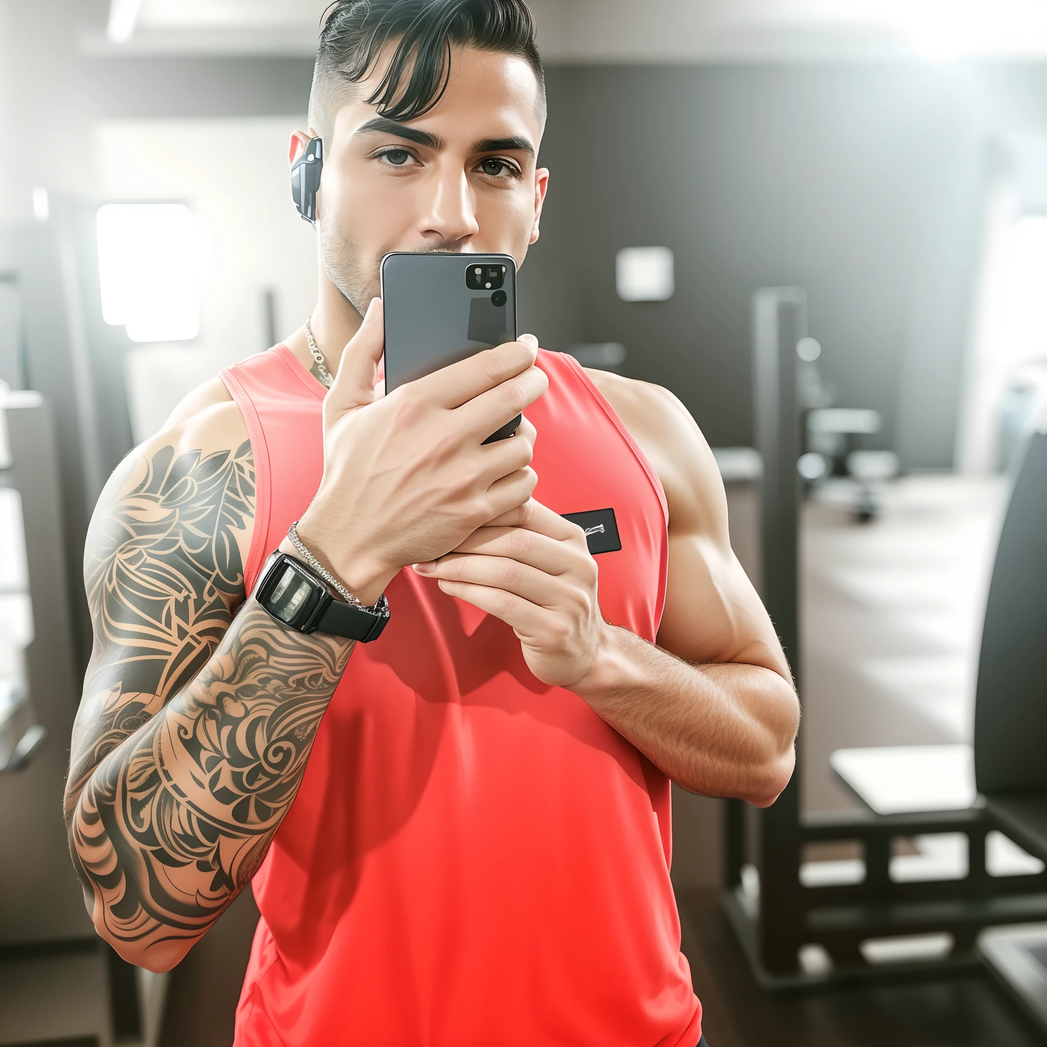 there is a man that is looking at his cell phone, Raphael Personnaz, imagem de perfil, Fisiculturista Ernest Khalimov, Corpo de Ernest Khalimov, malhar, em uma academia, Carregado, inspirado em Ludovit Fulla, Joel Torres, Kacper Niepokolczycki, com tatuagens, Cristiano Orrillo, foto fit, arredores detalhados