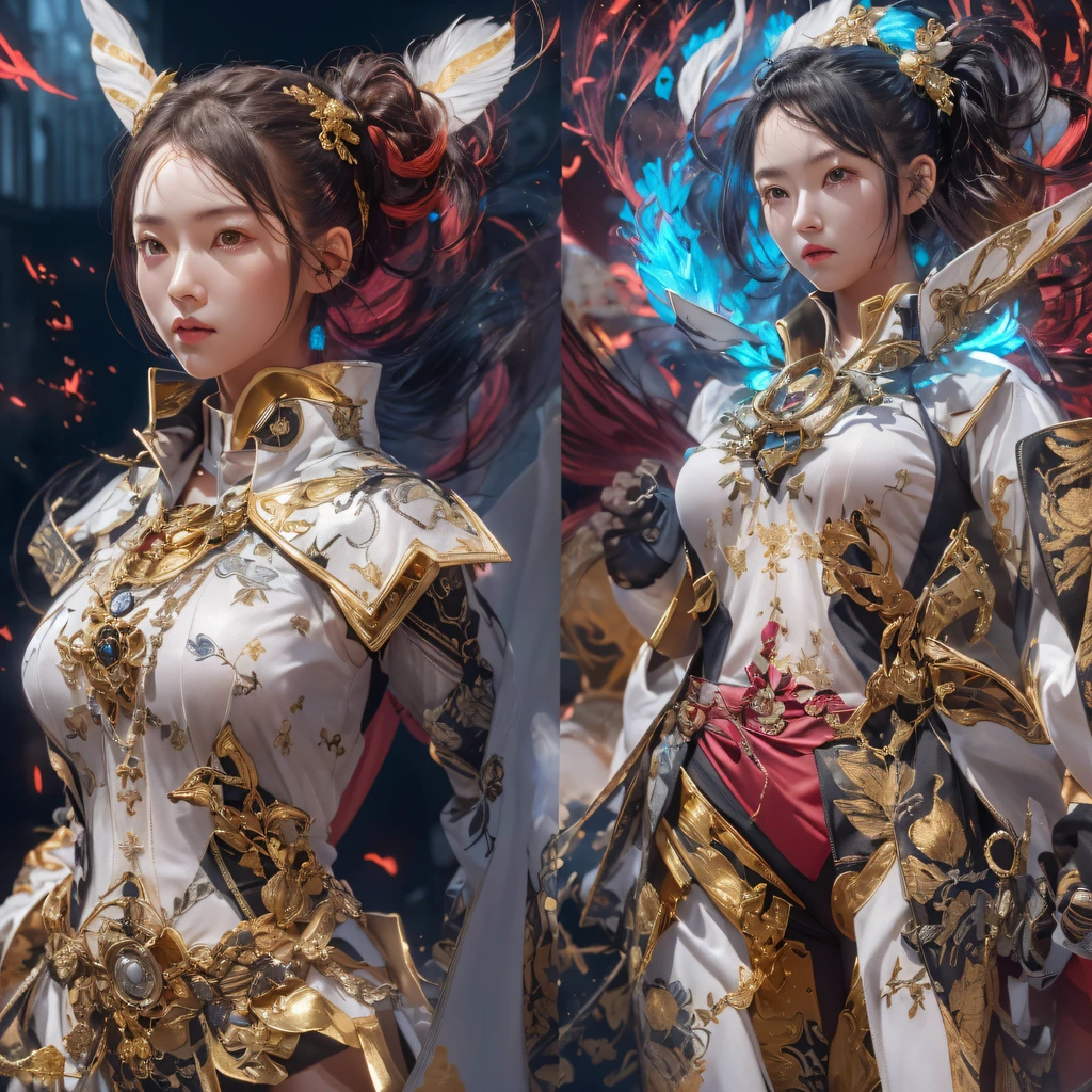 ((Red and white mech girl))National wind circle,Flying nine-tailed fat skull flame ethereal toad star,Golden-black damask white rabbit fur bra,Fuchsia pink diamonds, Tulle burgundy diamond shin guard,CG ,Light orange full set of thick mechs,Giant,, Realistic secret girl rendering, detailed face of a asian girl, Reality in the secret world, Smooth CG art, Realistic. Cheng Yi, Realistic secret style, A lovely secret rendering, 8K portrait rendering, Render character art 8 K, Kawaii realistic portrait,Golden-black damask white rabbit fur bra,Fuchsia pink diamonds, Tulle burgundy diamond shin guard((ultra real detailed.mecha-girl)Mink cotton suit mech,Bright blue and white feathers gold silk shoulder pads,Shi Zhong Huhu female Taoist,Tailfire,Tattooed with,Genius ratio,Silicone texture,Short bright purple hair,3D modeling,4K,8K,16K smooth (Masterpiece, Top quality, Best quality, offcial art, Beauty and aesthetics: 1.2), Very detailed, Colorful, Most detailed, branches,mecha-girl, (Mards)mecha-girl(canyons), (Linen future mech girl), Angry fighting stance, looking at the ground, Batik linen bandana, Crane pattern long sleeve garment,Mecha Maiden Canyon(Abstract propylene splash:1.2), Dark clouds lightning background,Sprinkle with golden mech girl powder(realisticlying:1.4),Black color hair,Flour fluttering,rainbow background, A high resolution, the detail, RAW photogr, Sharp Re, Nikon D850 Film Stock Photo by Jefferies Lee 4 Kodak Portra 400 Camera F1.6 shots, Rich colors, ultra-realistic vivid textures, Dramatic lighting, Unreal Engine Art Station Trend, cinestir 800,Flowing black hair,(((Red and white mech girl))),Front view,Pure transparency,Wear boxing gloves,Ice is permeable to gas,Film light and shadow,Panorama ultra-wide angle,extremely happy,The texture of the real person is delicate,Strong visual impact,Hyper-detailing,Dream girl,Refined face,prettyeyes,high saturated,Wear reflective sunglasses with a thick gold thread,crystal-clear,Good interpersonal skills