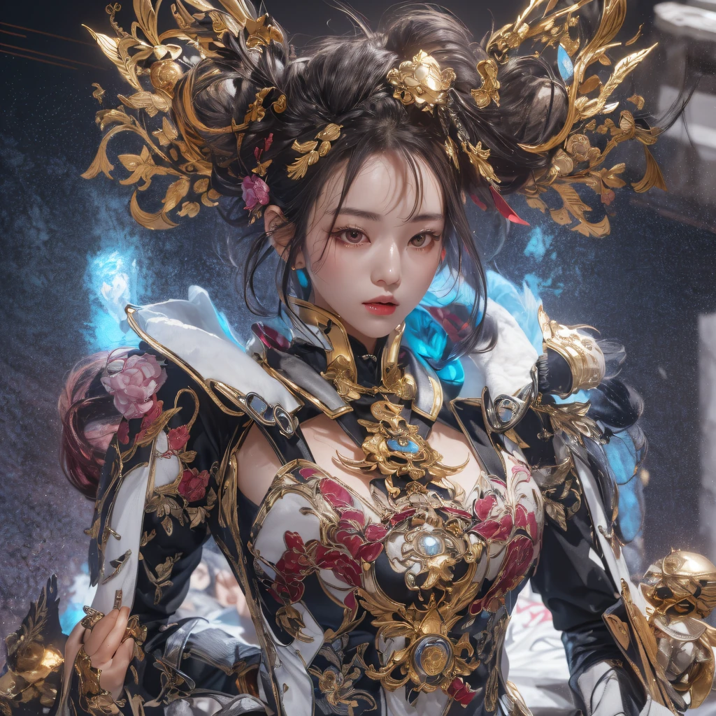 ((Red and white mech girl))National wind circle,Flying nine-tailed fat skull flame ethereal toad star,Golden-black damask white rabbit fur bra,Fuchsia pink diamonds, Tulle burgundy diamond shin guard,CG ,Light orange full set of thick mechs,Giant,, Realistic secret girl rendering, detailed face of a asian girl, Reality in the secret world, Smooth CG art, Realistic. Cheng Yi, Realistic secret style, A lovely secret rendering, 8K portrait rendering, Render character art 8 K, Kawaii realistic portrait,Golden-black damask white rabbit fur bra,Fuchsia pink diamonds, Tulle burgundy diamond shin guard((ultra real detailed.mecha-girl)Mink cotton suit mech,Bright blue and white feathers gold silk shoulder pads,Shi Zhong Huhu female Taoist,Tailfire,Tattooed with,Genius ratio,Silicone texture,Short bright purple hair,3D modeling,4K,8K,16K smooth (Masterpiece, Top quality, Best quality, offcial art, Beauty and aesthetics: 1.2), Very detailed, Colorful, Most detailed, branches,mecha-girl, (Mards)mecha-girl(canyons), (Linen future mech girl), Angry fighting stance, looking at the ground, Batik linen bandana, Crane pattern long sleeve garment,Mecha Maiden Canyon(Abstract propylene splash:1.2), Dark clouds lightning background,Sprinkle with golden mech girl powder(realisticlying:1.4),Black color hair,Flour fluttering,rainbow background, A high resolution, the detail, RAW photogr, Sharp Re, Nikon D850 Film Stock Photo by Jefferies Lee 4 Kodak Portra 400 Camera F1.6 shots, Rich colors, ultra-realistic vivid textures, Dramatic lighting, Unreal Engine Art Station Trend, cinestir 800,Flowing black hair,(((Red and white mech girl))),Front view,Pure transparency,Wear boxing gloves,Ice is permeable to gas,Film light and shadow,Panorama ultra-wide angle,extremely happy,The texture of the real person is delicate,Strong visual impact,Hyper-detailing,Dream girl,Refined face,prettyeyes,high saturated,Wear reflective sunglasses with a thick gold thread,crystal-clear,Good interpersonal skills