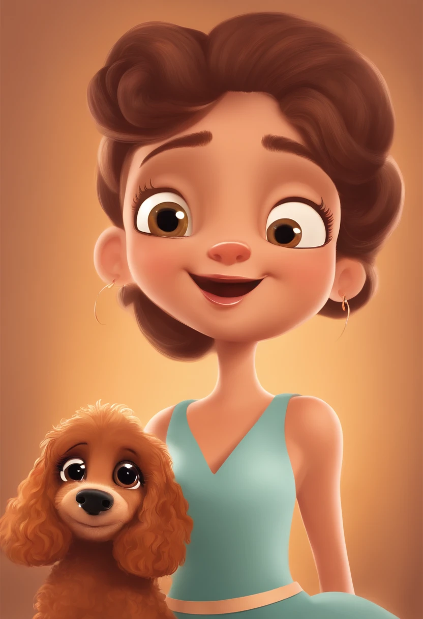Create a poster inspired by Disney Pixar movies, apresentando um casal acompanhado por uma menina de altura mediana com cabelos castanhos escuros, Full lips and dark eyes and silly face together with brown poodle puppy girl, cachorrinho de pele bem cuidada com dentes caninos afiados e pontiagudos brincando. The poster is titled 'Lily' Digital art should be in the Pixar style, reminiscent of an animated feature.