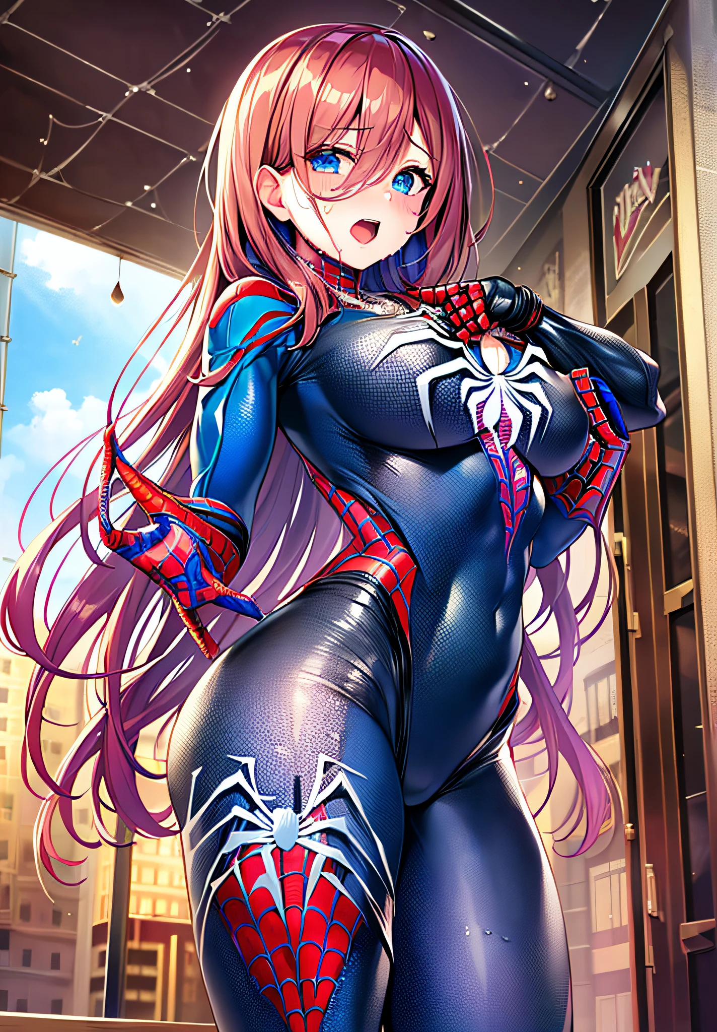 top-quality、Highly detailed anime super detail、masterpiece、tre anatomically correct、Detailed hand、(Mother 1.6)、8K、I love my tides、sexual excitement、Upper line、huge-breasted、thighs thighs thighs thighs、cold sweat、Sweat profusely、Friendly face、Stuffiness、Foreplay、(Spider-Man clothes:1.6)、Moisturizing skin、(Drenched body:1.3)、Detail Eye、NSFW、erotick、Glossy lotion on the head、oppressive、Best Necklaces、cum on、Stuffiness、Lustrous hair、Throwing kisses、Wink、hair on the crotch、Inside the building、 Vibe insertion、masturbation、Streaks in the crotch、Frontal view、full-body view