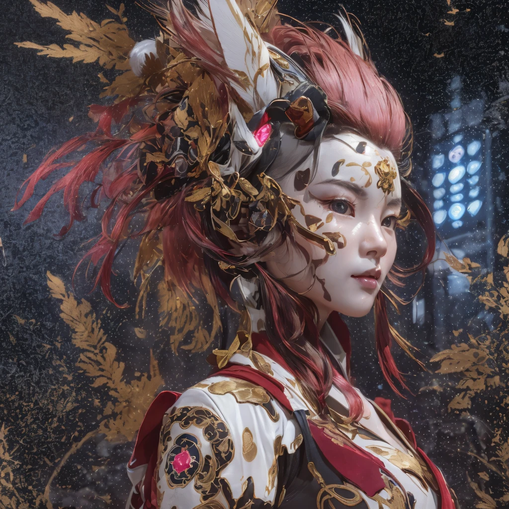 ((Red and white mech girl))National wind circle,Flying nine-tailed fat skull flame ethereal toad star,Golden-black damask white rabbit fur bra,Fuchsia pink diamonds, Tulle burgundy diamond shin guard,CG ,Light orange full set of thick mechs,Giant,, Realistic secret girl rendering, detailed face of a asian girl, Reality in the secret world, Smooth CG art, Realistic. Cheng Yi, Realistic secret style, A lovely secret rendering, 8K portrait rendering, Render character art 8 K, Kawaii realistic portrait,Golden-black damask white rabbit fur bra,Fuchsia pink diamonds, Tulle burgundy diamond shin guard((ultra real detailed.mecha-girl)Mink cotton suit mech,Bright blue and white feathers gold silk shoulder pads,Shi Zhong Huhu female Taoist,Tailfire,Tattooed with,Genius ratio,Silicone texture,Short bright purple hair,3D modeling,4K,8K,16K smooth (Masterpiece, Top quality, Best quality, offcial art, Beauty and aesthetics: 1.2), Very detailed, Colorful, Most detailed, branches,mecha-girl, (Mards)mecha-girl(canyons), (Linen future mech girl), Angry fighting stance, looking at the ground, Batik linen bandana, Crane pattern long sleeve garment,Mecha Maiden Canyon(Abstract propylene splash:1.2), Dark clouds lightning background,Sprinkle with golden mech girl powder(realisticlying:1.4),Black color hair,Flour fluttering,rainbow background, A high resolution, the detail, RAW photogr, Sharp Re, Nikon D850 Film Stock Photo by Jefferies Lee 4 Kodak Portra 400 Camera F1.6 shots, Rich colors, ultra-realistic vivid textures, Dramatic lighting, Unreal Engine Art Station Trend, cinestir 800,Flowing black hair,(((Red and white mech girl))),Front view,Pure transparency,Wear boxing gloves,Ice is permeable to gas,Film light and shadow,Panorama ultra-wide angle,extremely happy,The texture of the real person is delicate,Strong visual impact,Hyper-detailing,Dream girl,Refined face,prettyeyes,high saturated,Wear reflective sunglasses with a thick gold thread,crystal-clear,Good interpersonal skills