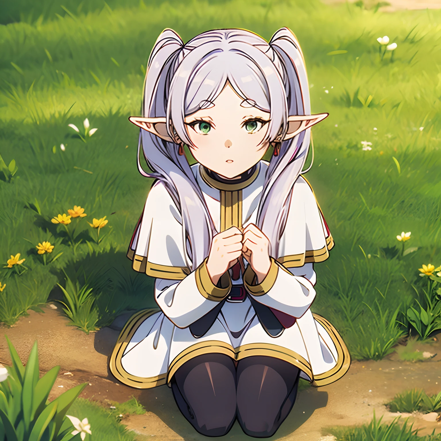 NSFW a woman in a dress kneeling on the ground, long hair, blush, bangs, long sleeves, twintails, green eyes, ass, flower, white hair, pantyhose, earrings, boots, outdoors, parted lips, day, pointy ears, belt, white dress, tree, black pantyhose, capelet, brown footwear, knee boots, grass, elf, nature, forest, white capelet