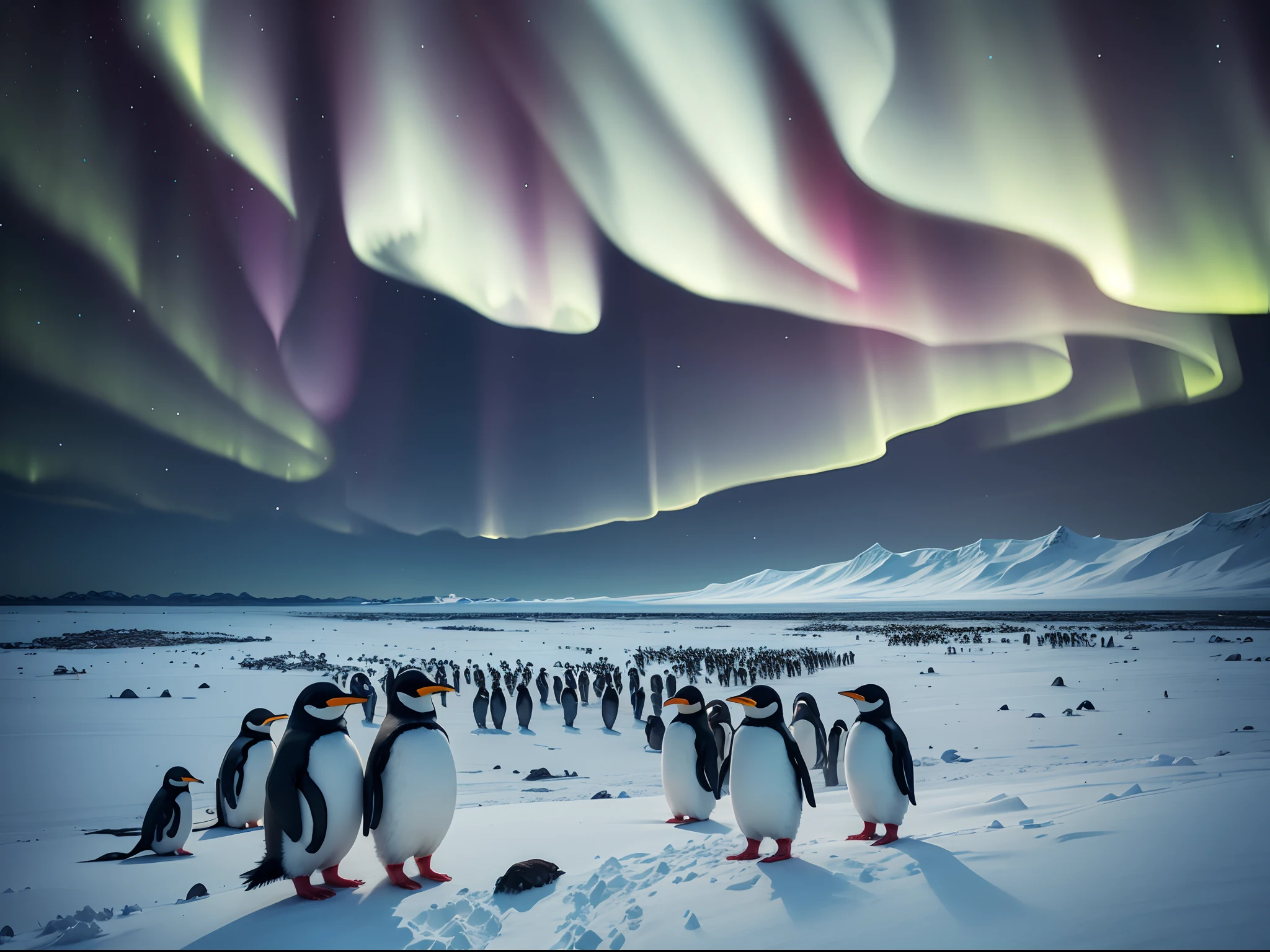 South Pole,snowfield,Antarctic permafrost,pinguins,the night,Southern Aurora,Brilliant aurora