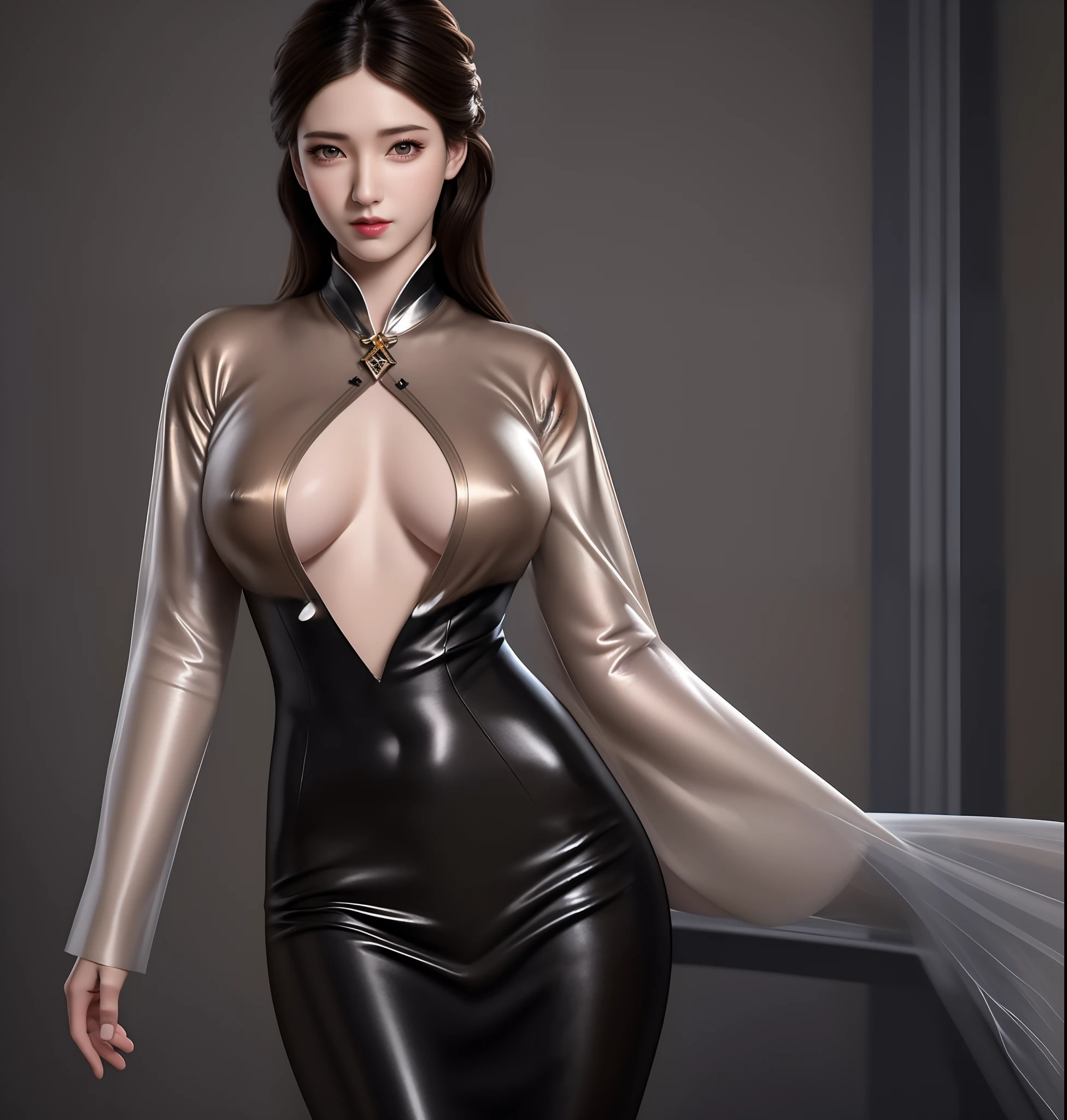 (hyperrealistic), (illustration), (high resolution), (8K), (extremely detailed), (best illustration), (beautiful detailed eyes), (best quality), (ultra-detailed), (masterpiece), (wallpaper), (photorealistic), (natural light), (rim lighting), (detailed face), (high detailed realistic skin texture), (anatomically correct), (solo), (1 girl), (high detailed realistic hair), (black hair:1.37), (heterochromic eyes), (detailed eyes), (light brown eyes:1.35), (sparkling eyes), (realistic big breasts:1.5), (exposed nipple breasts:1.35), (long legs), (slender abs), (dynamic pose), (closed tiny mouth:1.3), nsfw, concentrated expression.