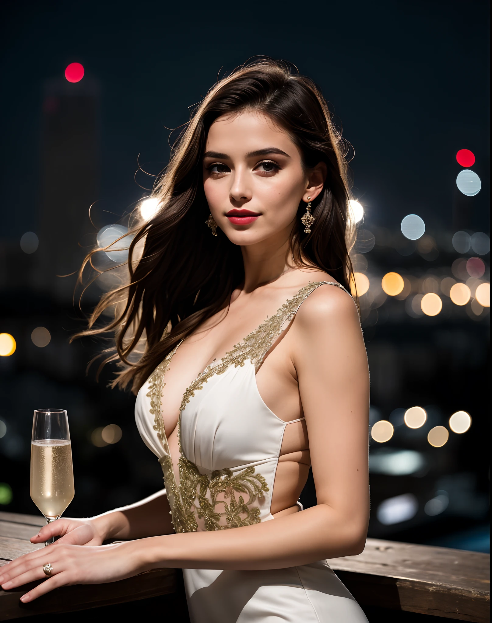 (Masterpiece), (extremely intricate:1.3),, (Realstic), Portrait of a 25-year-old girl, la brune la plus belle du monde,  Haut du corps, Outdoor night light, on an open-air bar on the roof of a building in a city drinking a glass of champagne, Veilleuses, professional photograph of a stunning woman detailed, mise au point nette, dramatique, award winning, lighting cinematic, Rendu octane, Moteur Unreal, volumetrics dtx, (grain du film, Bokeh, premier plan flou, blured background), very well dressed, chandail blanc, petit sourire, flirts with the camera