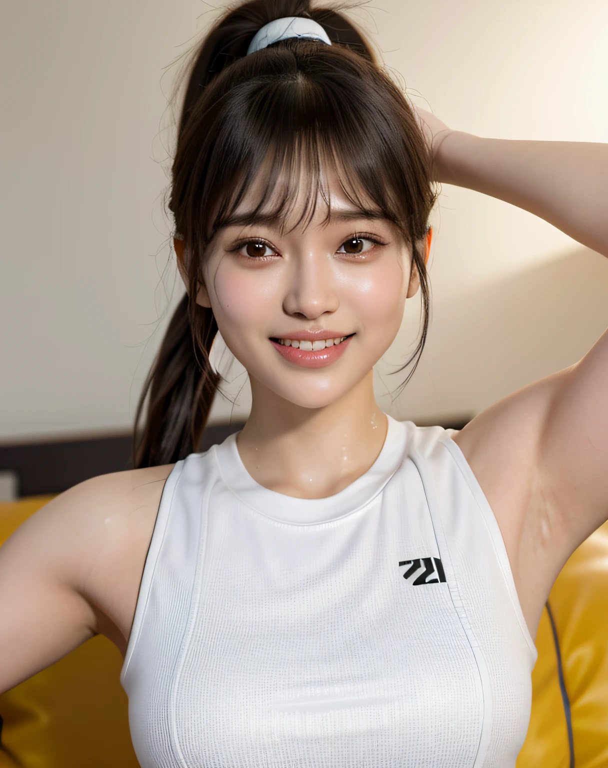 zydG, 1girl, detailed skin, looking at viewer, brown eyes, (ponytail with bangs:1.2), (large breasts:1.0), (large areolae:0.8), smile with white teeth,
(photorealistic:1.4), (best quality:1.0), (ultra highres:1.0), 8k, RAW photo, (masterpiece:0.2), (sportswear:1.4), (sweat, wet:1.1), portrait, face focus,
(pureerosface_v1:0.5)